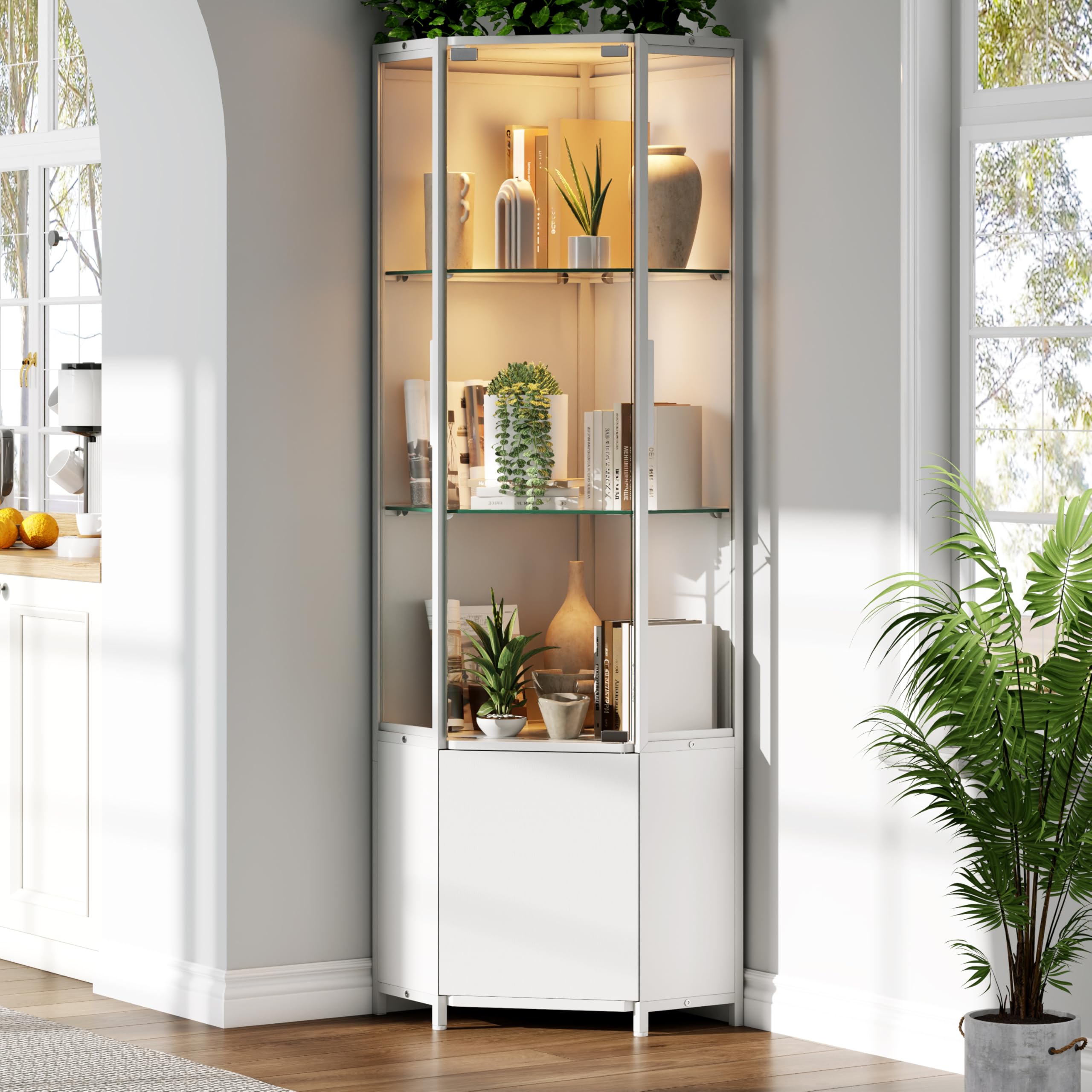 Eckvitrine mit Gehärtetem Glas，165cm Höhe Eck Vitrinenschrank mit LED Beleuchtung，3-stufige Schauvitrine und 1-stufige Cabient, Vitrine für Sammlerstücke, Spirituosen, Wohnzimmer, Schlafzimmer, Büro