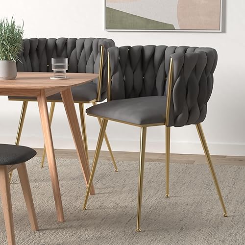 Miniatura 48 de Nrizc Juego de 2 sillas de comedor tejidas, sillas de comedor tapizadas de terciopelo con patas de metal dorado, sillas decorativas modernas para