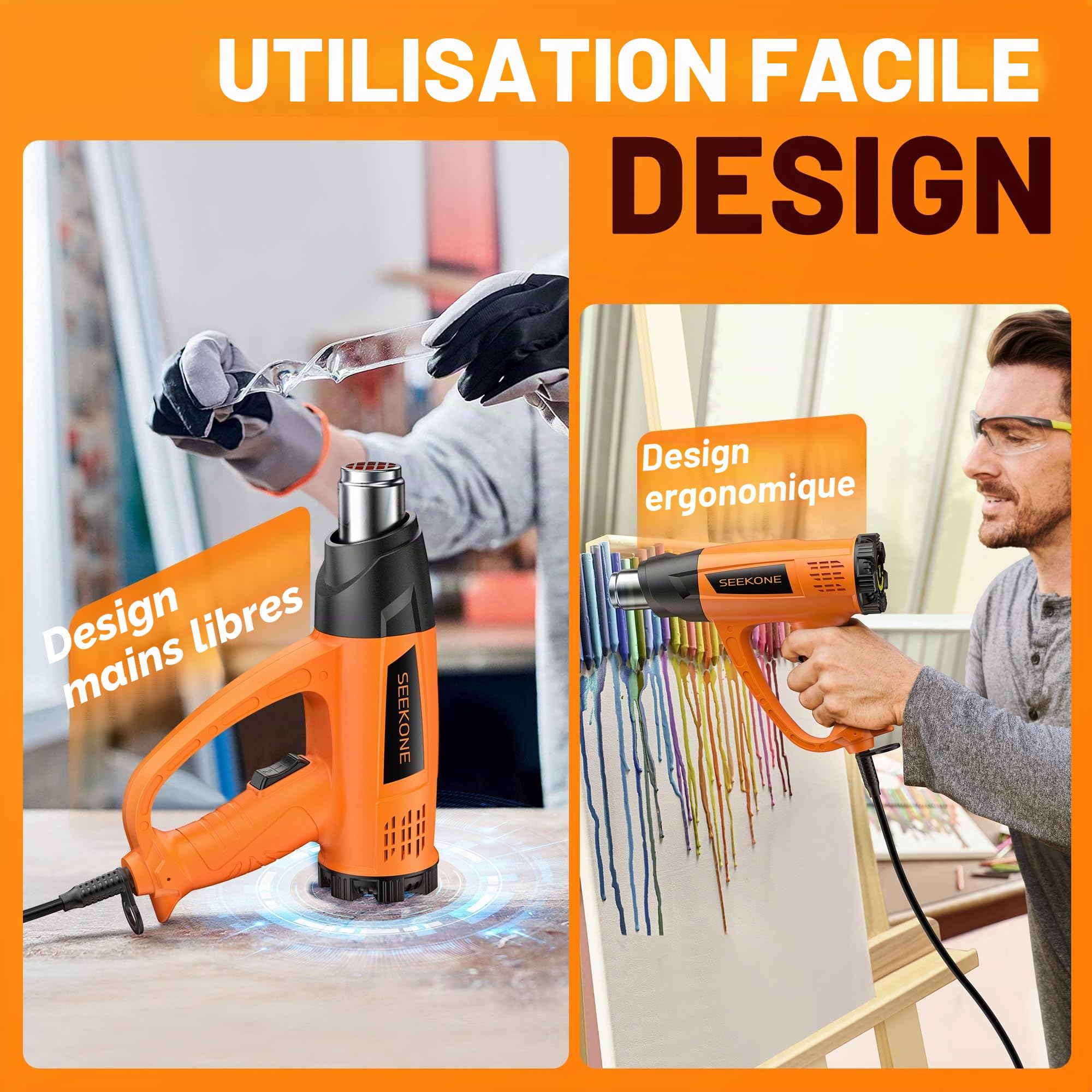 Décapeur Thermique Professionnel 2000W, SEEKONE Pistolet à Air Chaud 60-600℃ Température Réglable, 2 Débit d'air, Protection de Surcharge, Noyau Chauffant Céramique, Poignée Anneau, 7 Accessoires