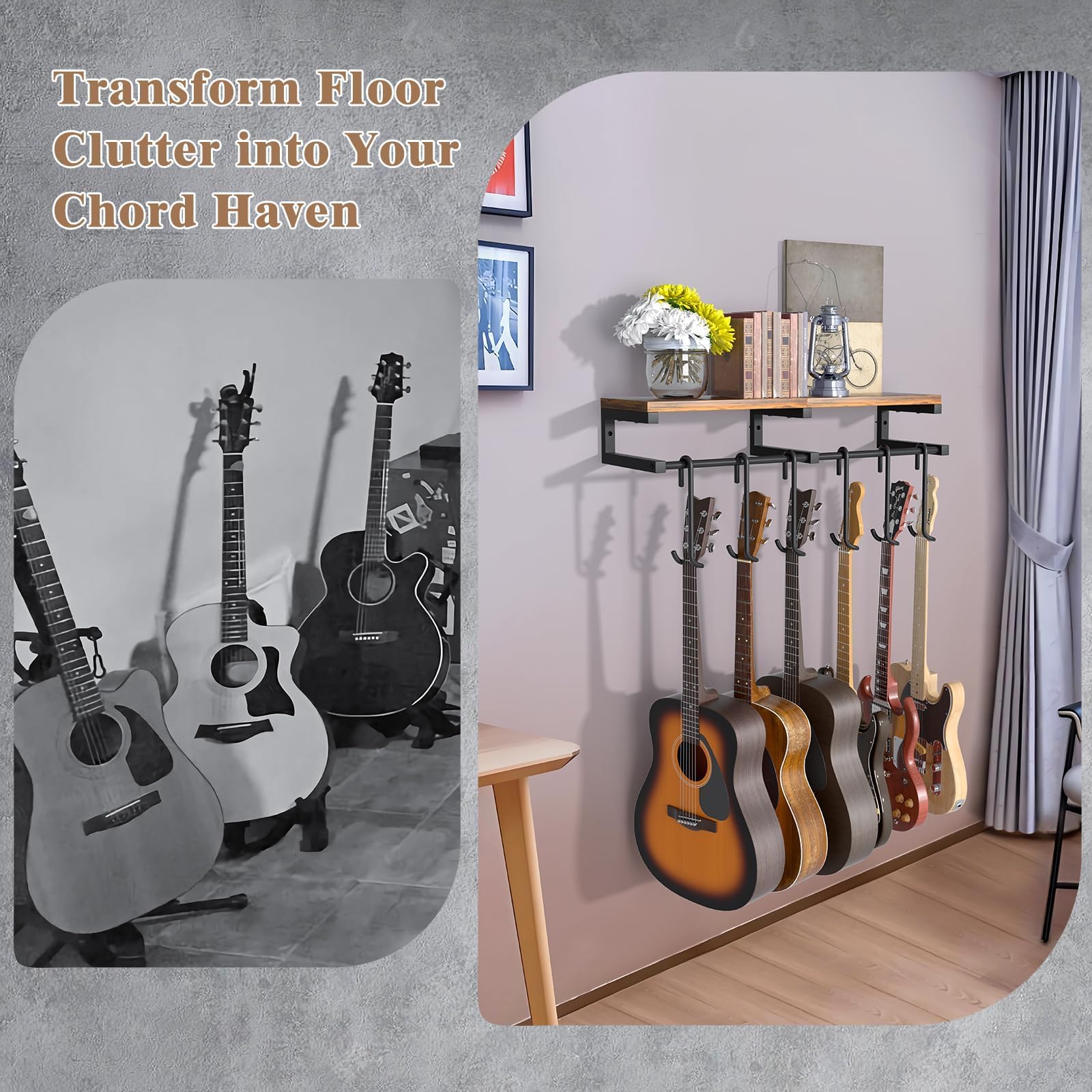 Porta Chitarra da Muro, 6 Supporto Chitarra Muro, Reggi Chitarra con un Grande Scaffale, Appendi Chitarra per Chitarra Acustica, Basso, Chitarra Elettrica, Ukulele Double-Sided