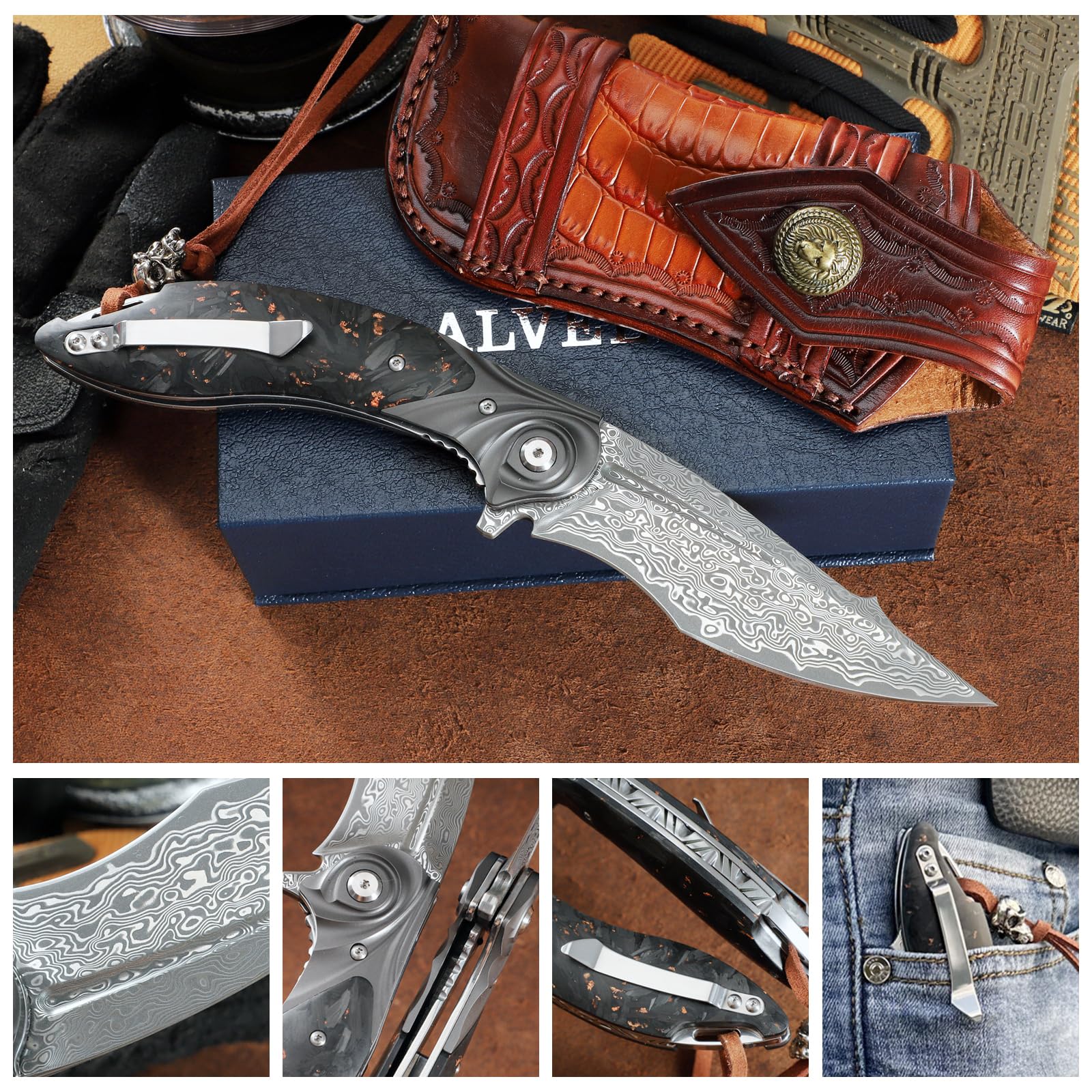 Herren-Klappmesser, handgefertigtes Damaststahl-Taschenmesser, 3,9 Zoll Klinge mit Clip und Lederscheide, Liner Lock, Kohlefaser-Griff, geeignet für EDC Camping Expeditionen, Wandern tragen, Geschenk