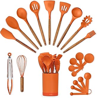 Silicone Kitchen Utensils Set & Holder: Cooking Utensils Set - Kitchen Essentials for New Home & 1st Apartment- Silicone Spatula Set, Cooking Spoons for Nonstick Cookware (Acacia Wood, Oange)