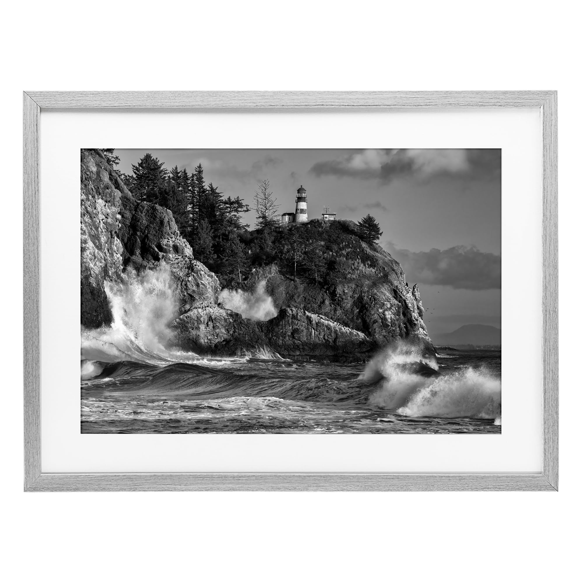 Stupell Industries Nautical Lighthouse Over Rolling Waves, Greyscale Coastal Cliff Landscape, 14 x 20 Inch Framed Matted Print Under Glass, by Rick Berk, Made in USA Gift