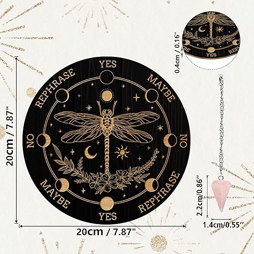 Miniatura 2 de AHANDMAKER Tabla de péndulo de bruja de 7.8 pulgadas, plancha de madera para radiestesia con péndulos de cristal de cuarzo rosa, herramientas de