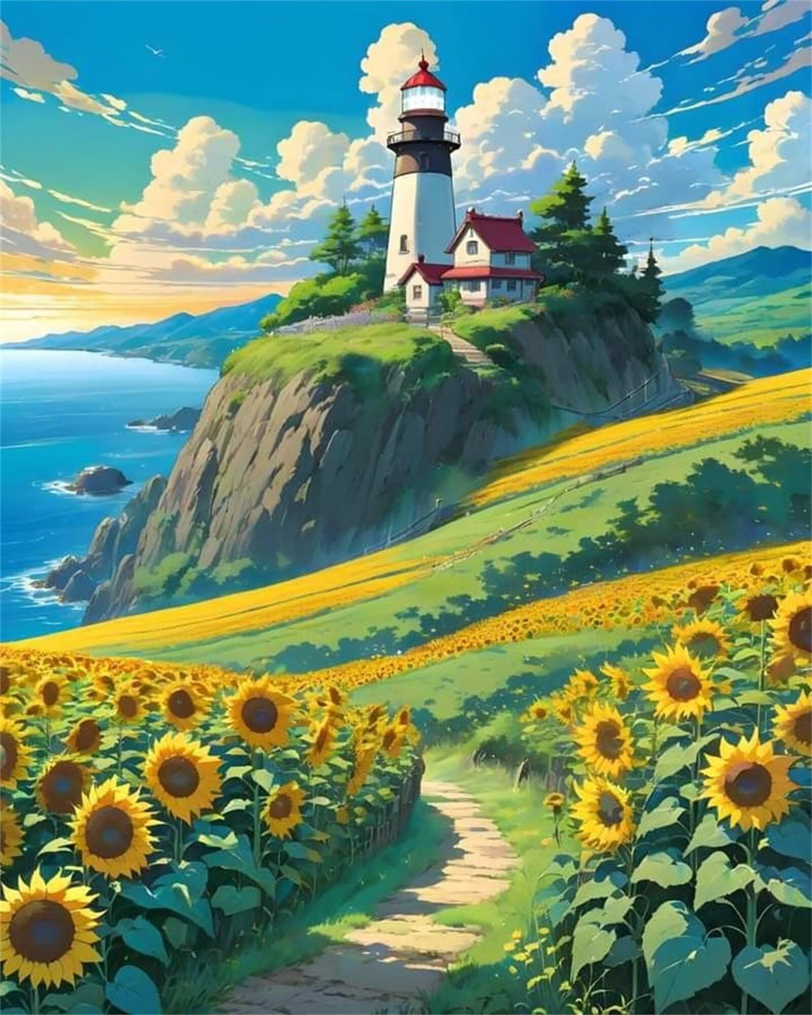 Heaen Peinture par Numéros pour Adulte Tournesol,avec cadre Kit de Peinture à l'huile sur Toile Bricolage pour Débutants Avec Pinceau Pigment Acrylique par Cadeaux Décoration Murale 60x75cm Phare