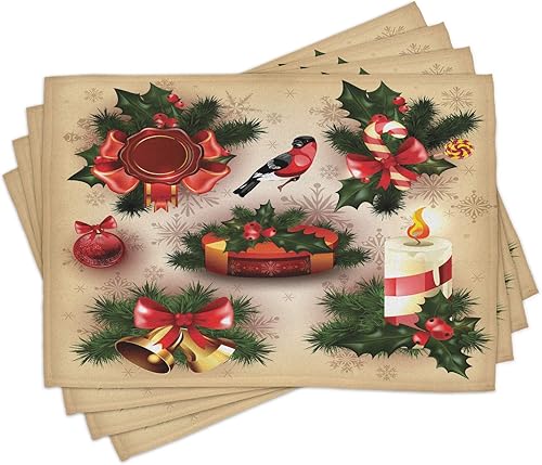 Ambesonne Juego de 4 manteles individuales de Navidad, estilo clásico, campanas de velas, muérdago, cinta de pájaro, manteles individuales de tela