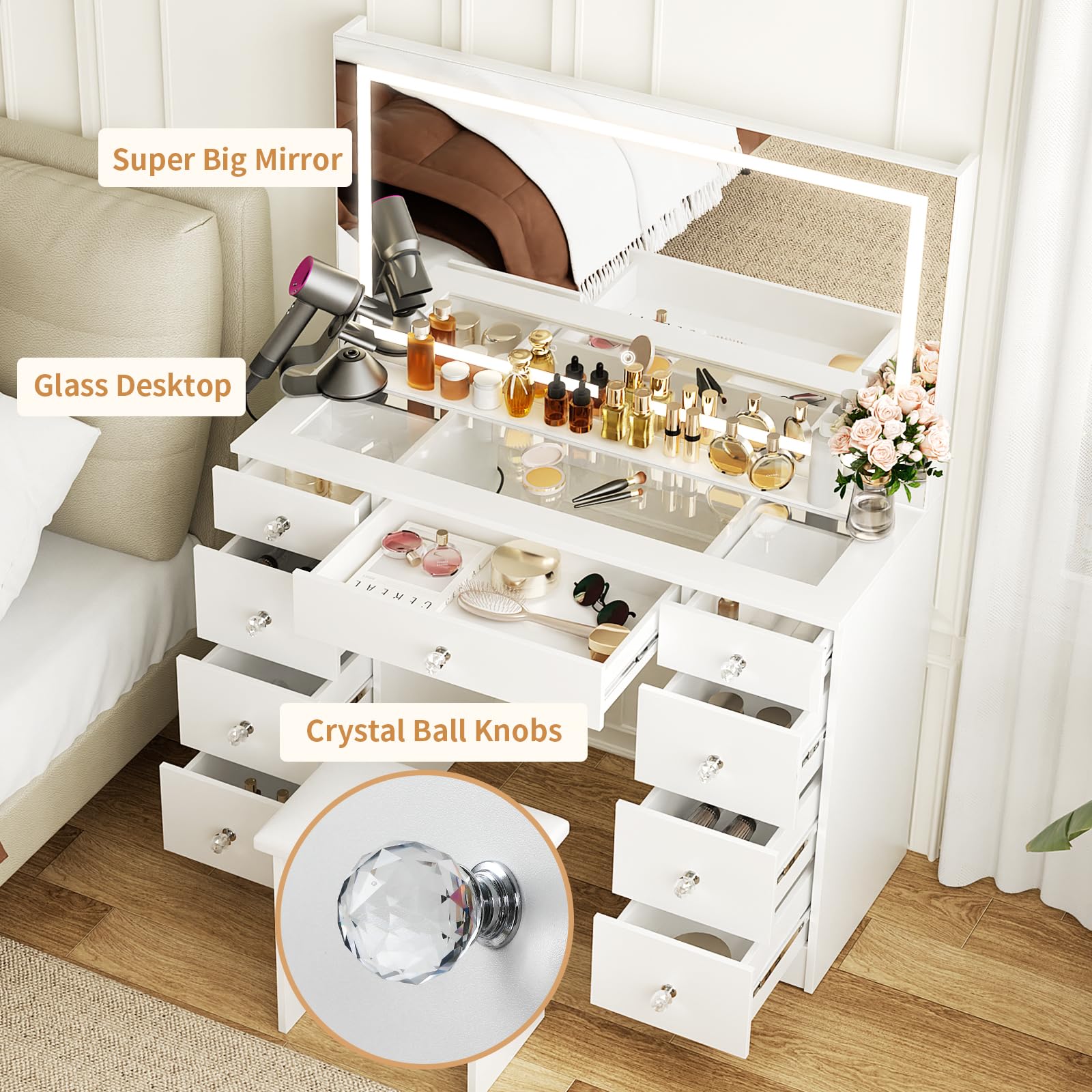 VOWNER Vanity with Lighted Mirror - Glass Top Makeup Desk with Power Outlet and 9 Drawers, 3 Color Lighting Modes Adjustable Brightness, 43