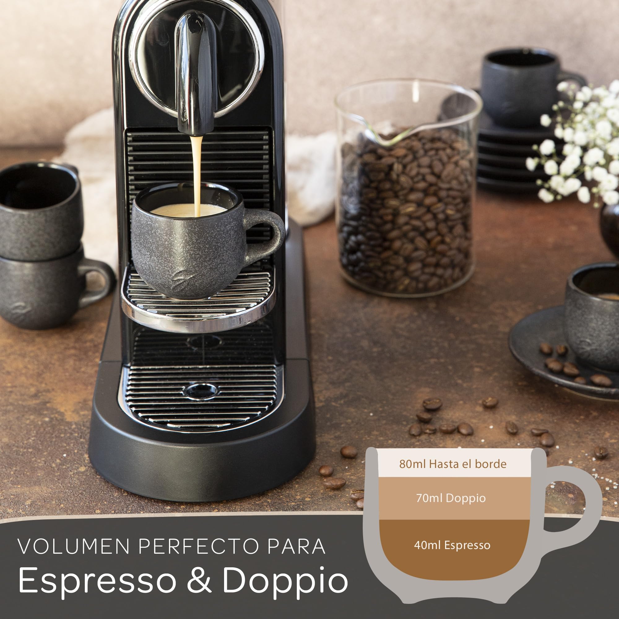 Steinzeit Tazas de espresso diseño (6x80 ml) - Juego de tazas de cafe con platillos a juego - Expresso machiato taza 100% hechas a mano - Tazas de moka apilables en color negro