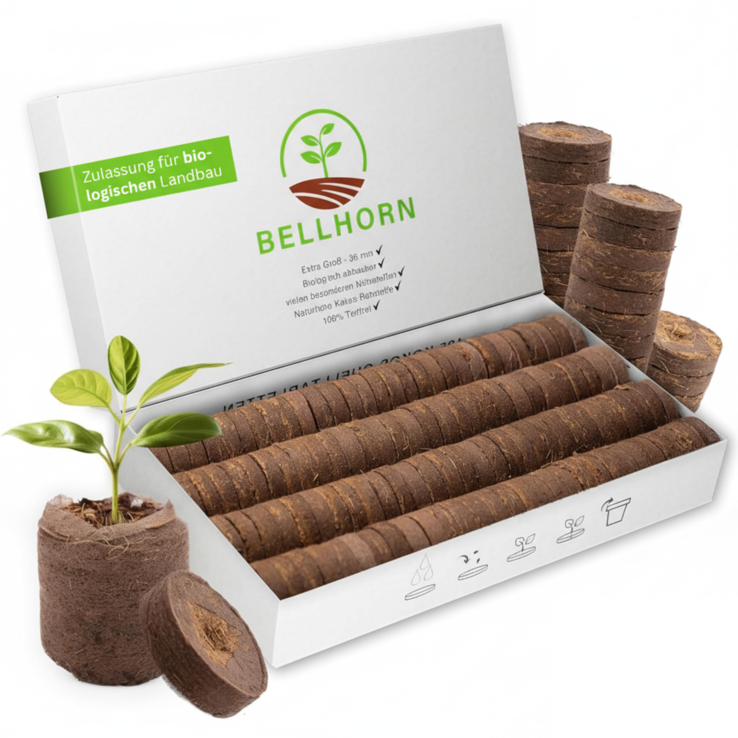 Bellhorn® 125 Kokos Quelltabletten Anzucht | Bio Quelltabs - Extra Groß 36mm - torffrei | Anzuchtset Torf-Quelltöpfe Anzuchterde für Samen Stecklinge Kokoserde für Anzucht Aufzucht Pflanzen