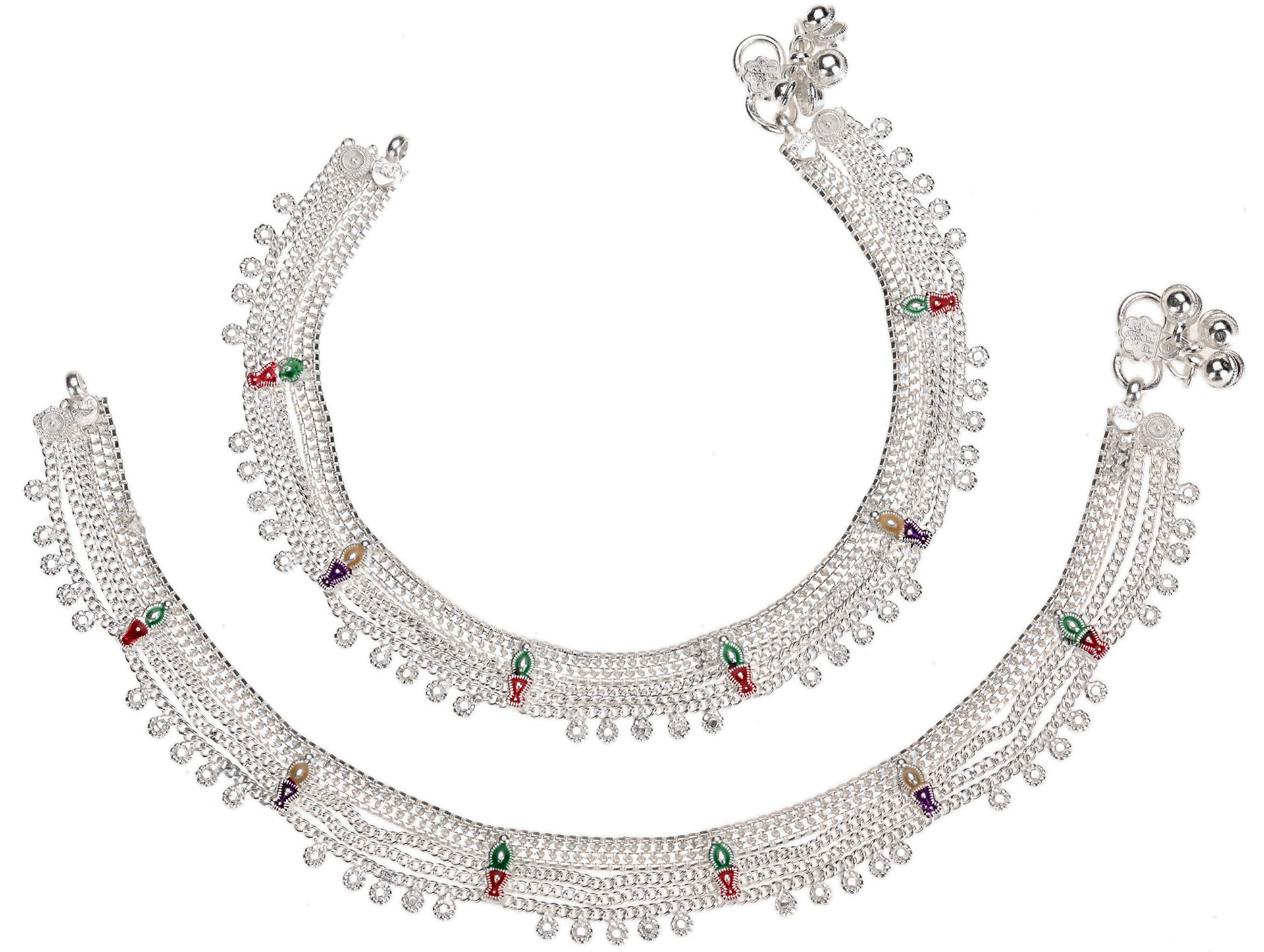 Silver Plated White Metal Alloy Anklets Payal Pair Indian Traditional Ethnic Contemporary Latest Pamela Design Fancy Foot Jewellery Leg Chain-image-7