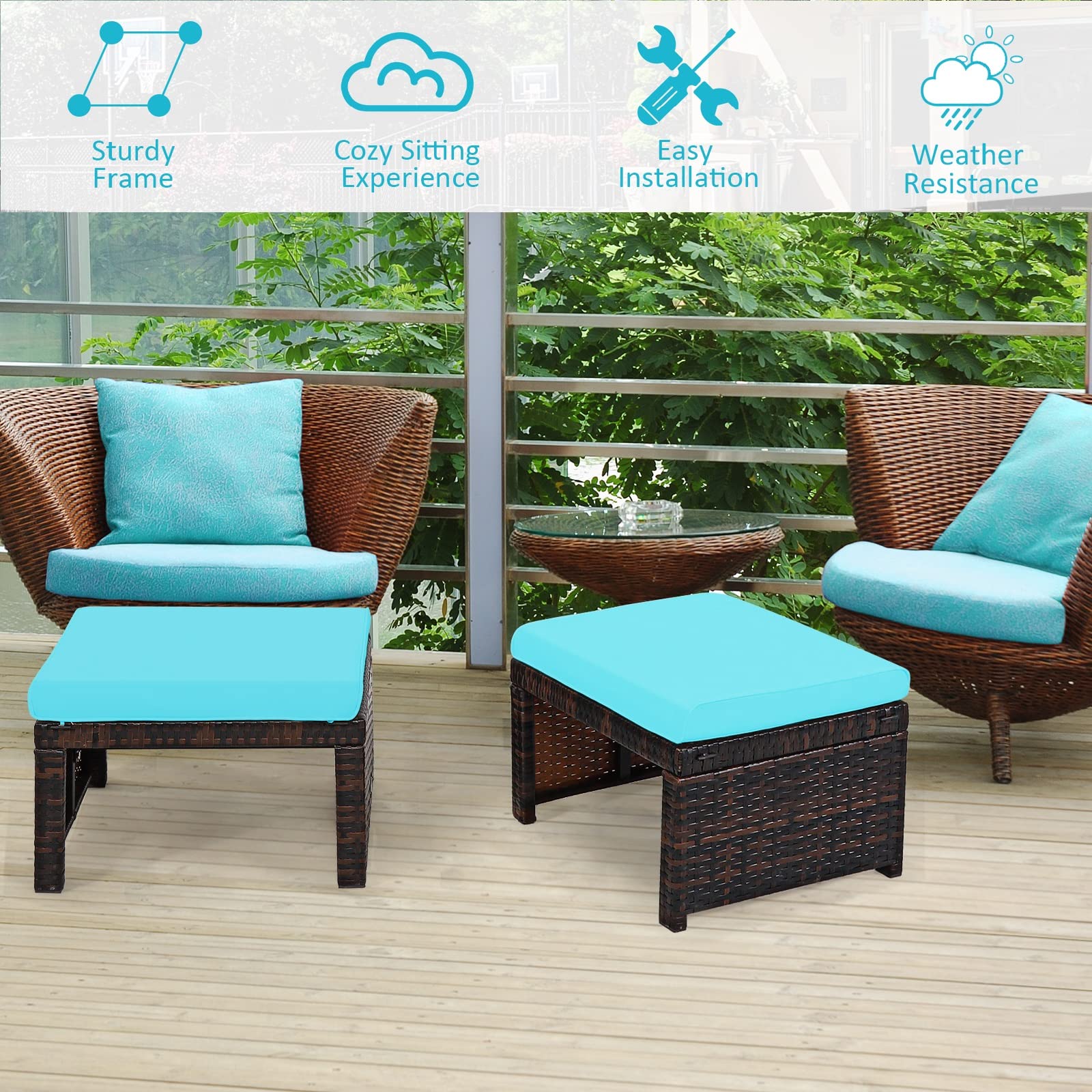 GIANTEX 2 Taburetes Reposapiés de Ratán de Jardín, Cojín Impermeable Extraíble, Taburetes, Mesas, Multiusos, 49 x 40 x 28 cm, Azul