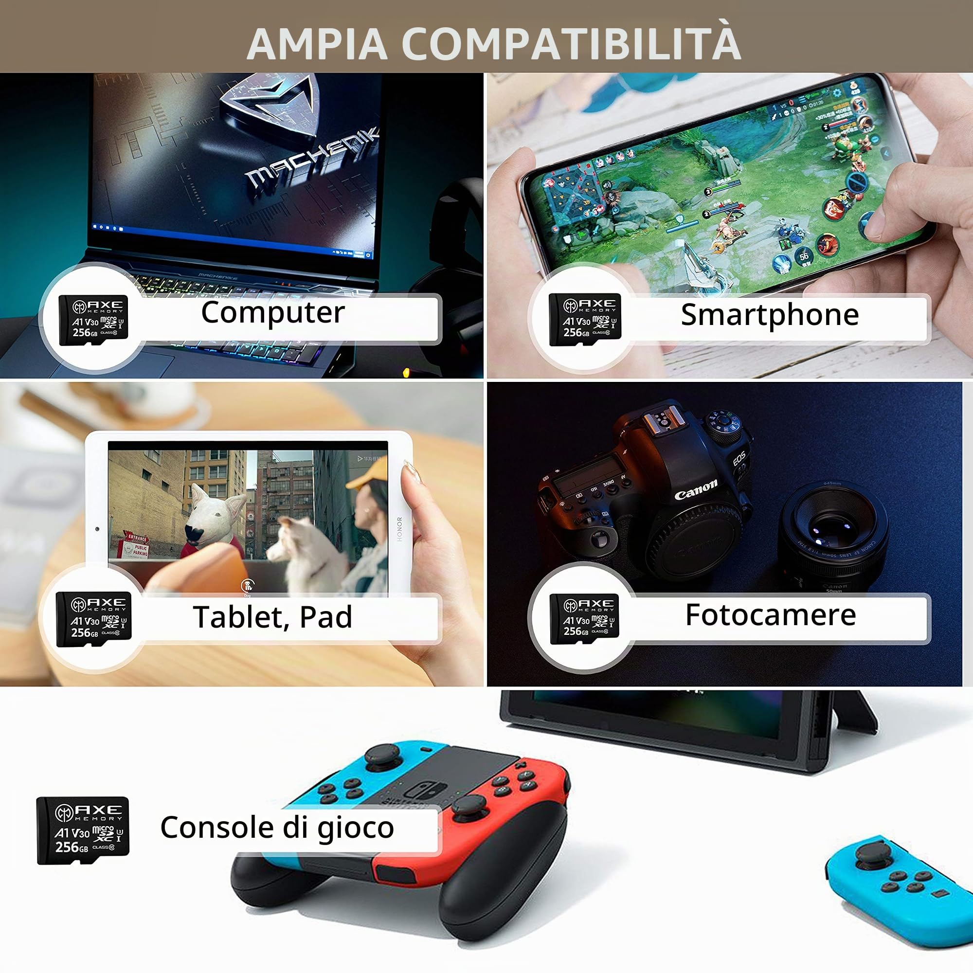 AXE MEMORY Scheda Micro SD 256 GB, Memoria MicroSDXC per Nintendo-Switch, GoPro, Drone, Smartphone, Tablet, 4K Ultra HD, A1 UHS-I U3 V30 C10, Lettura Fino a 95 MB/s, con Adattatore SD