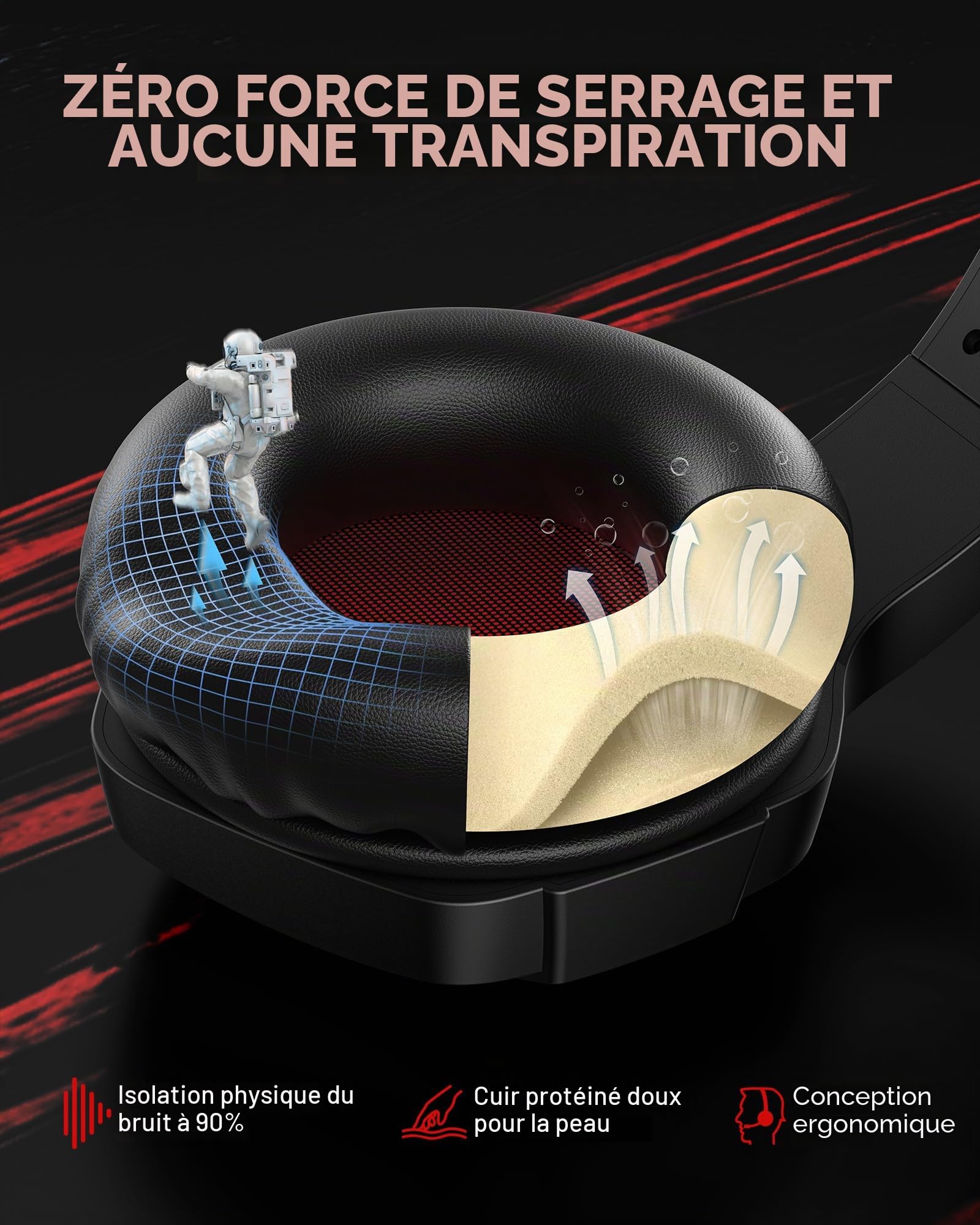 BINNUNE Casque de Jeu sans Fil avec 2,4 GHz pour PS5, PS4, PC, NS, Joueurs FPS, 120 Heures + Bluetooth 5.3 Casque de Jeu avec Microphone Antibruit, Casque de 50 mm pour Ordinateur Portable - Rouge