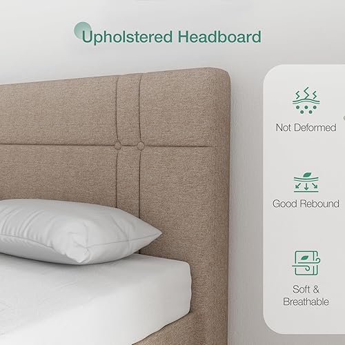 Miniatura 4 de Novilla Base de cama tamaño King con cabecero tapizado y soporte de listones de madera, marco de cama King no necesita somier, fácil montaje, beige