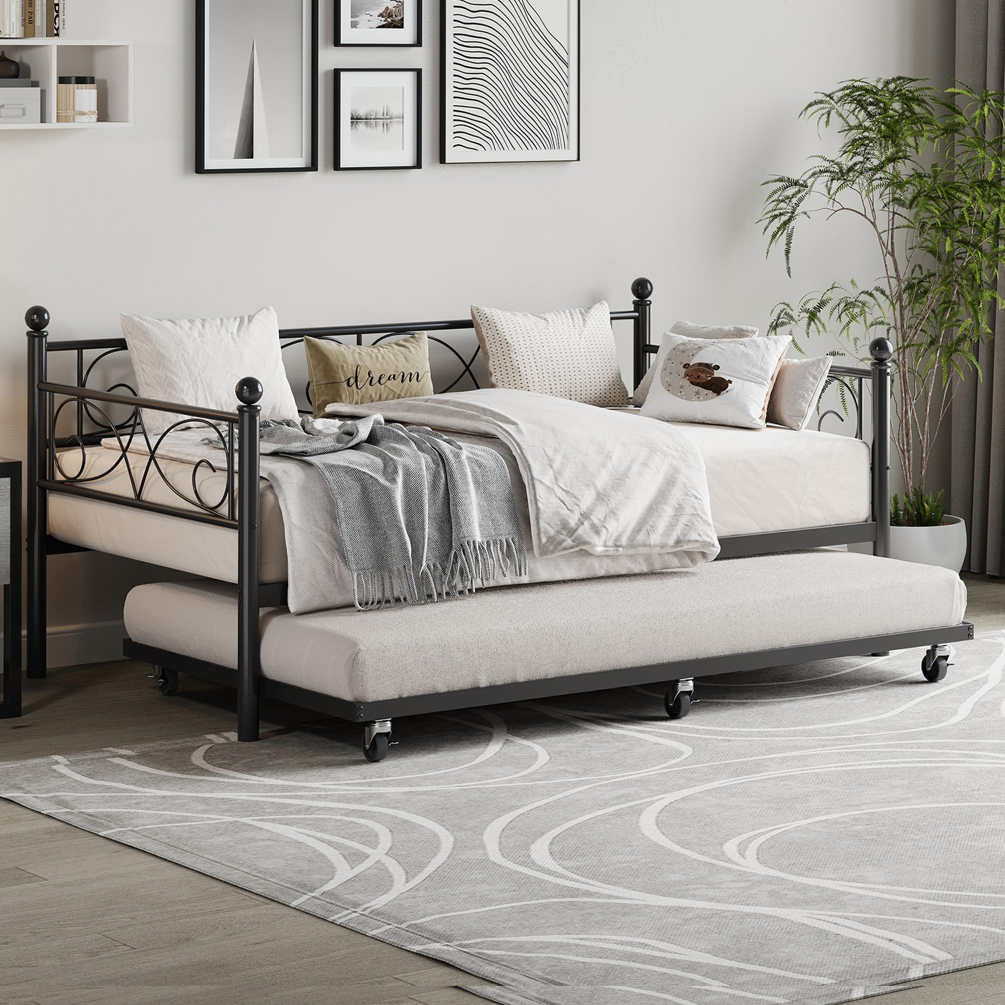 GarveeHome Black Daybed with Trundle Bed, Twin Size Metal Day Bed with Floral Headboard, Modern Metal Sofe Bed Frame with Pull-Out Trundle, Heavy Duty