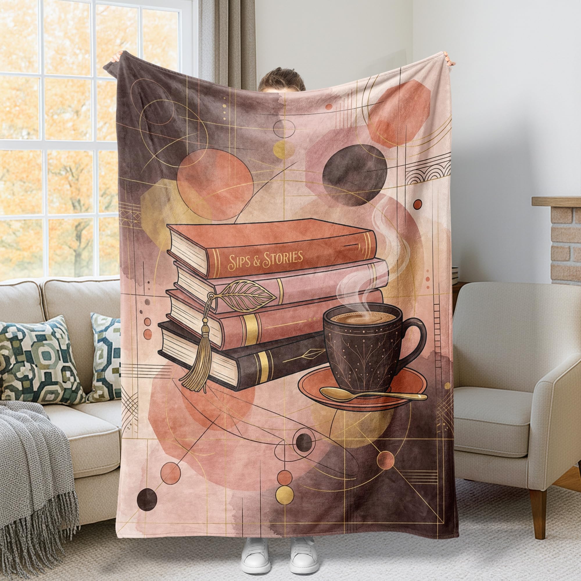 Couverture en peluche d'art contemporain, jeté de lit haut de gamme aux cercles de café
