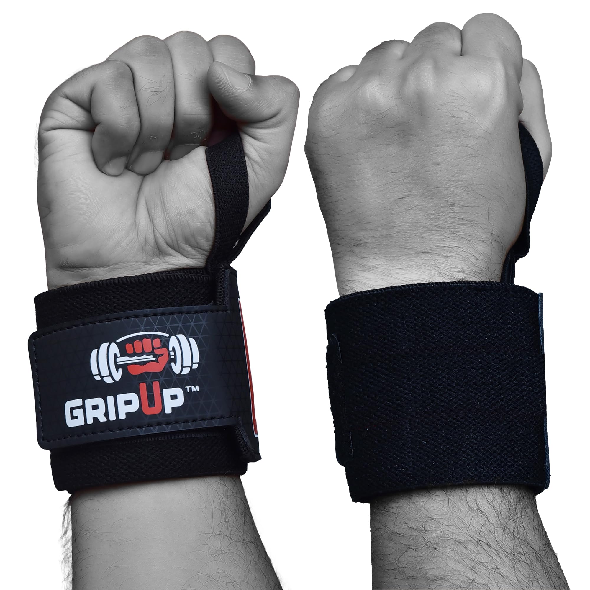 GripUp Weight Lifting Wrist Wraps Support18” Elasticated Cotton Straps Thumb Loop Powerlifting Bodybuilding Fitness Strength Gym Training Workout Gymnastics & Calisthen GP-18 (Black, One Size)