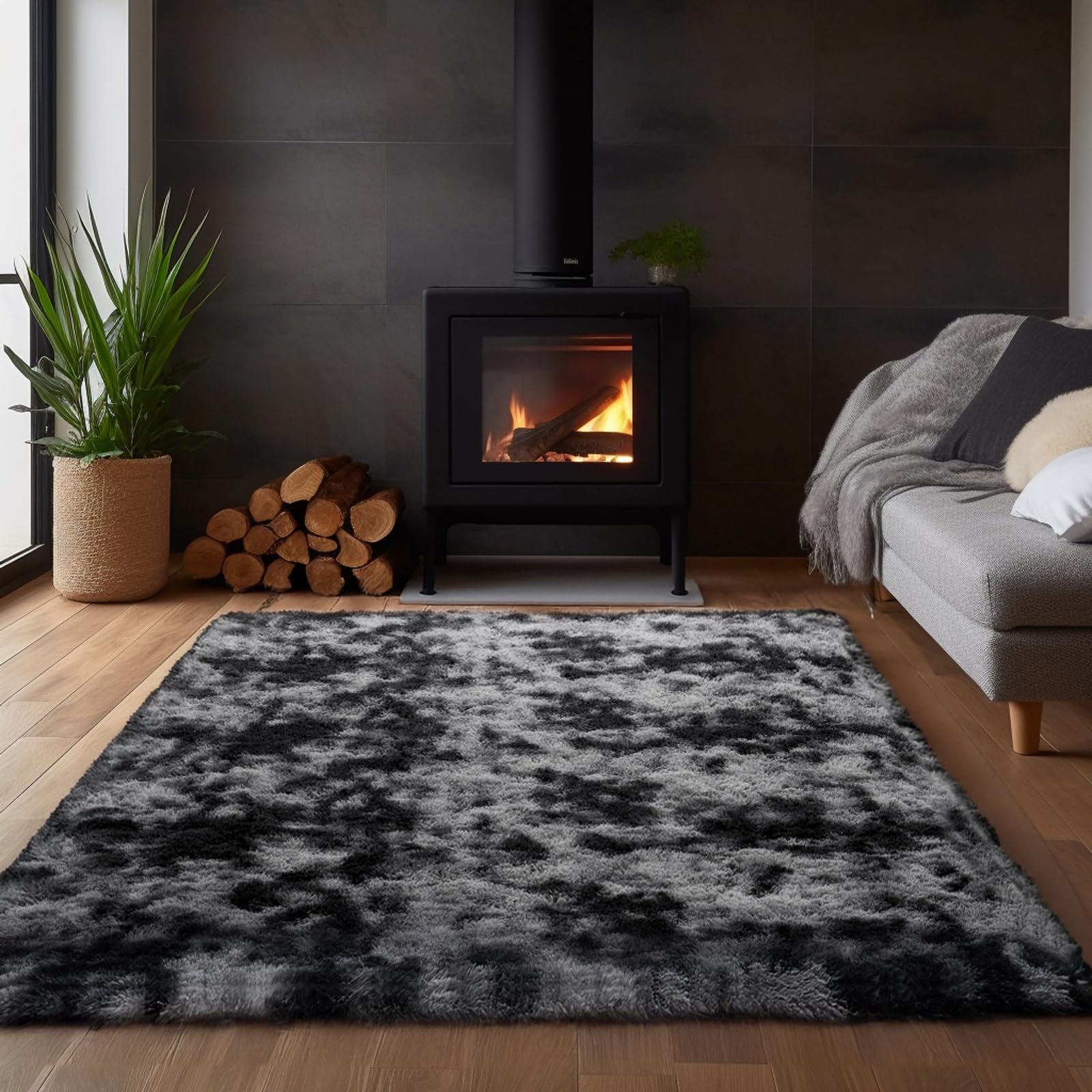 Zentavio Dark Grey Area Rug for Living Room Bedroom 4x6 Soft Fluffy Fuzzy Furry Shaggy Aesthetic Carpet Plush High Pile Floor Throw Rug for Nursery Kids Room Dorm Room