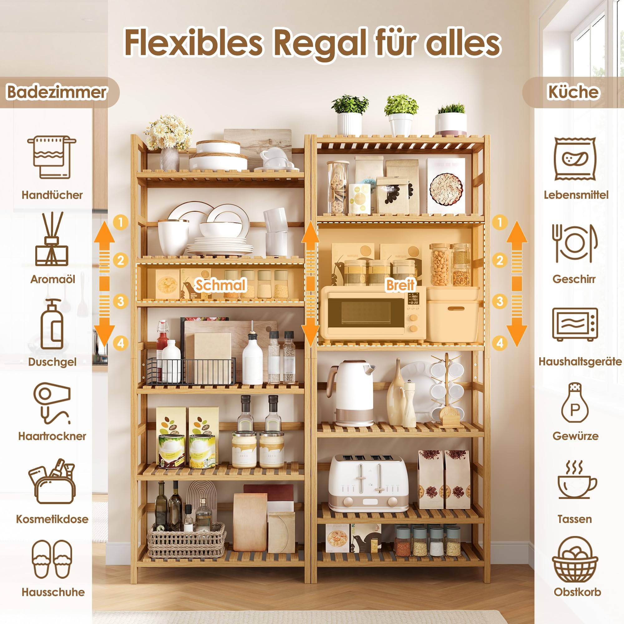 FOREHILL Badregal aus Bambus, Küchenregal mit 6 Ablagen, Badezimmer Regal | Badregal mit verstellbare Regalhöhe, Standregal, Badezimmer Regal stehend, schmal Bambusregal 161x60x26 cm Natur