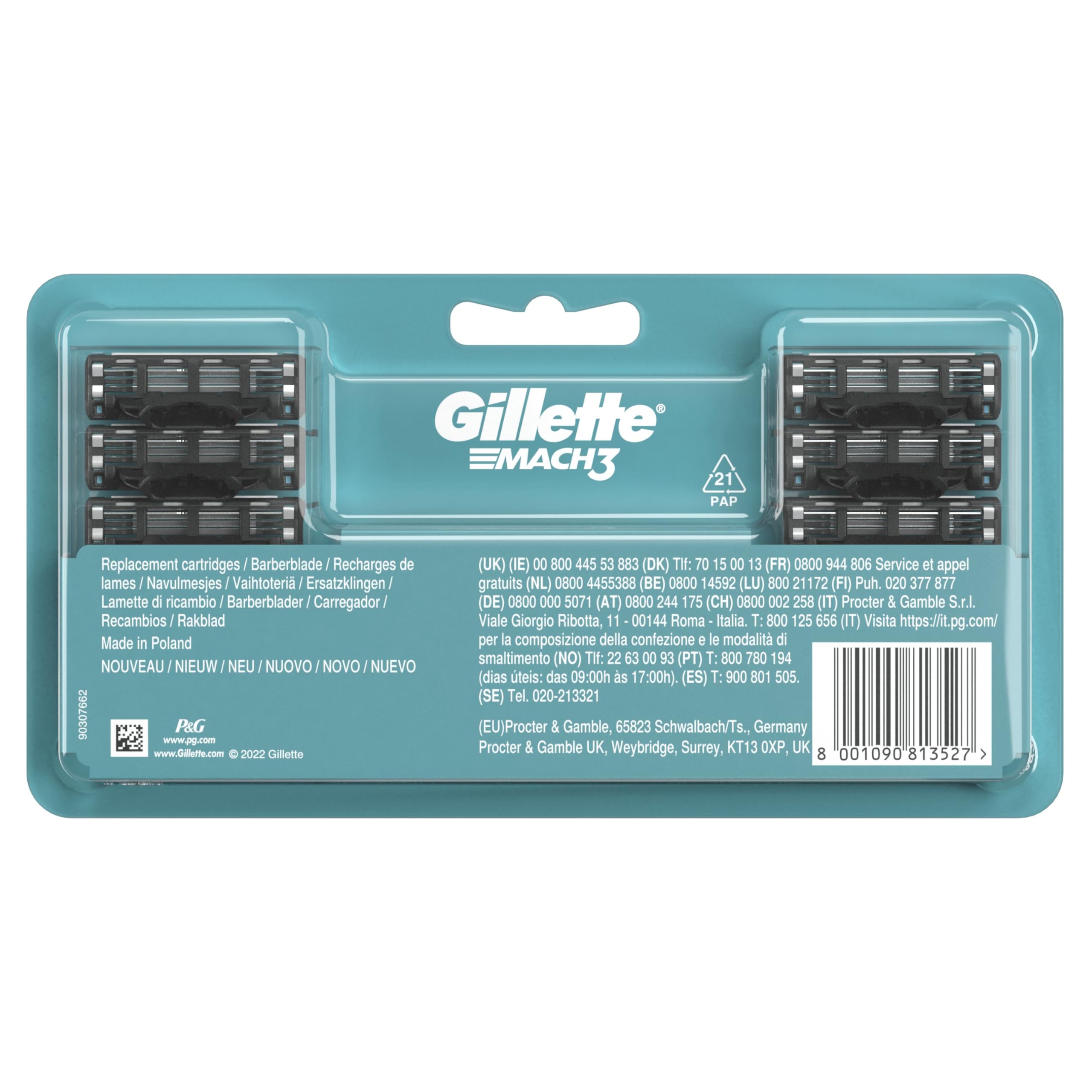 Gillette Mach3 Recharges De Lames De Rasoir Pour Homme, À 3 Lames, 8 Recharges De Lames, Lames Plus Résistantes Que L'Acier