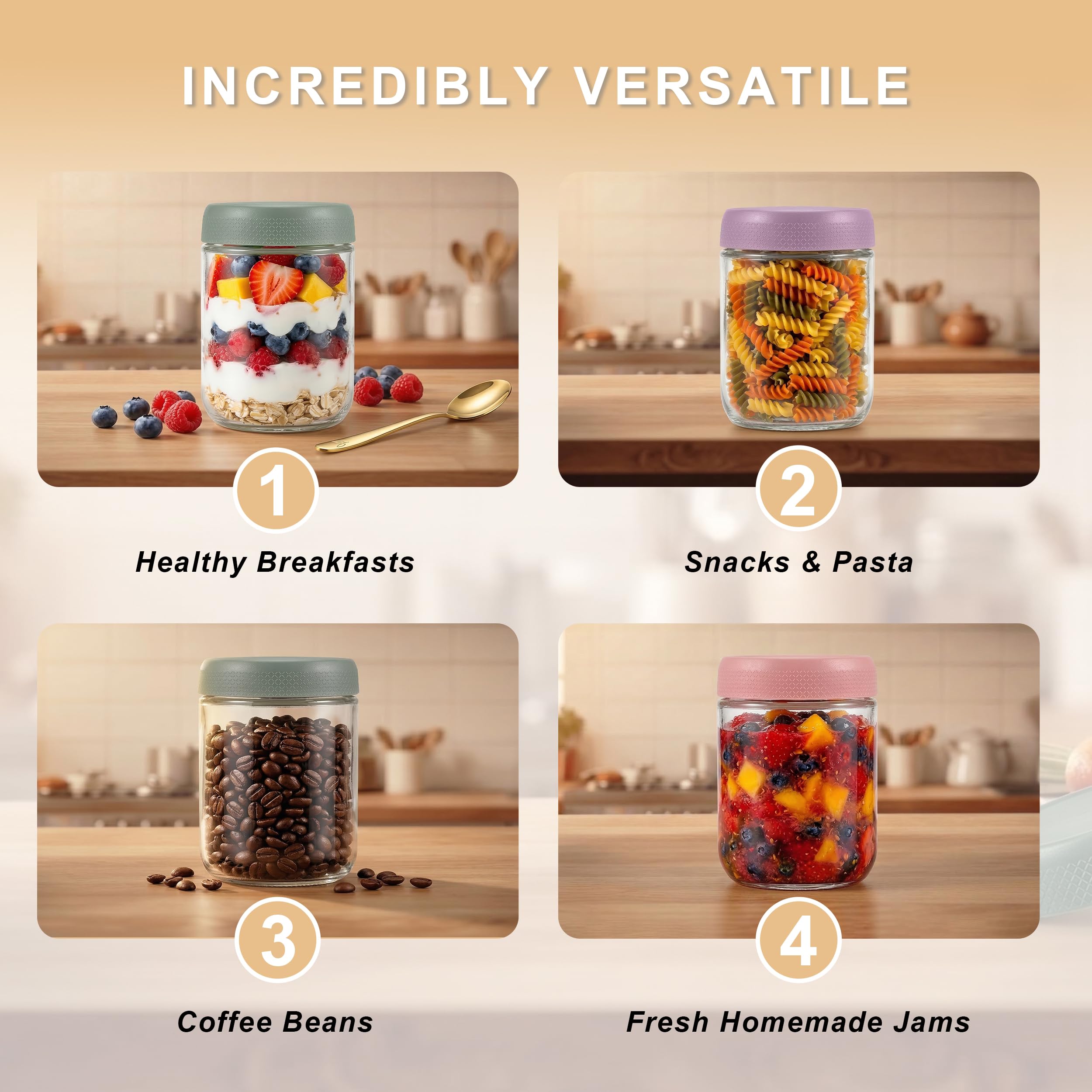 Overnight Oats - 4 bicchieri da 500 ml, a prova di perdite, con tappo a vite e anello in silicone, ideali come contenitore Meal Prep, per yogurt, per cereali, marmellate e alimenti per bambini