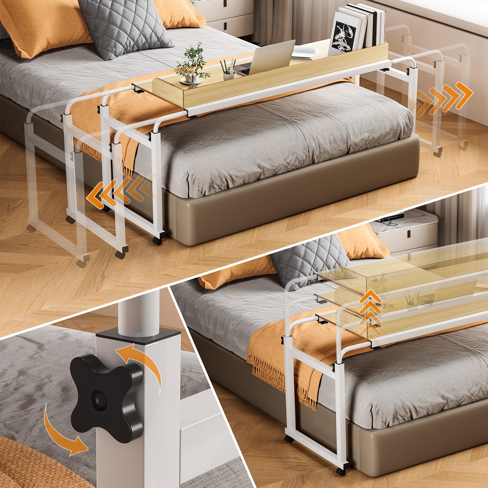 Tavolo da letto con ruote, regolabile in altezza, scrivania sopra il letto con deflettore rialzato King Queen Bed Table on Wheels Overbed Laptop Table per casa, ufficio, camera da letto,