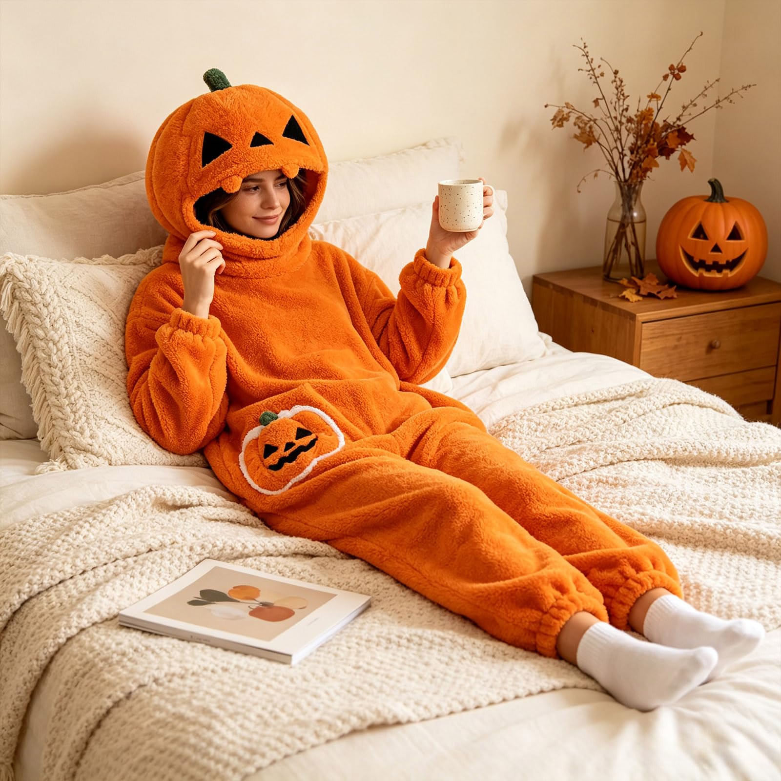 Genérico Mono Pijama de Calabaza Disfraz Halloween Costume Unisex Soft Comfortable Wearable Pijama de Felpa con Capucha para Hombre y Mujer, Ideal para Fiestas Disfrazadas y Noches de Pijamas
