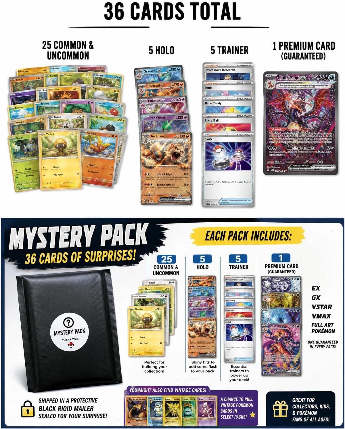 Pokemon Mystery Card Pack — 36 Cards: 1 Guaranteed Ultra Rare, 5 Holos, 5 Trainers & 25 Pokemon Trading Cards | Booster Packs Collection Gift for Collectors & Kids