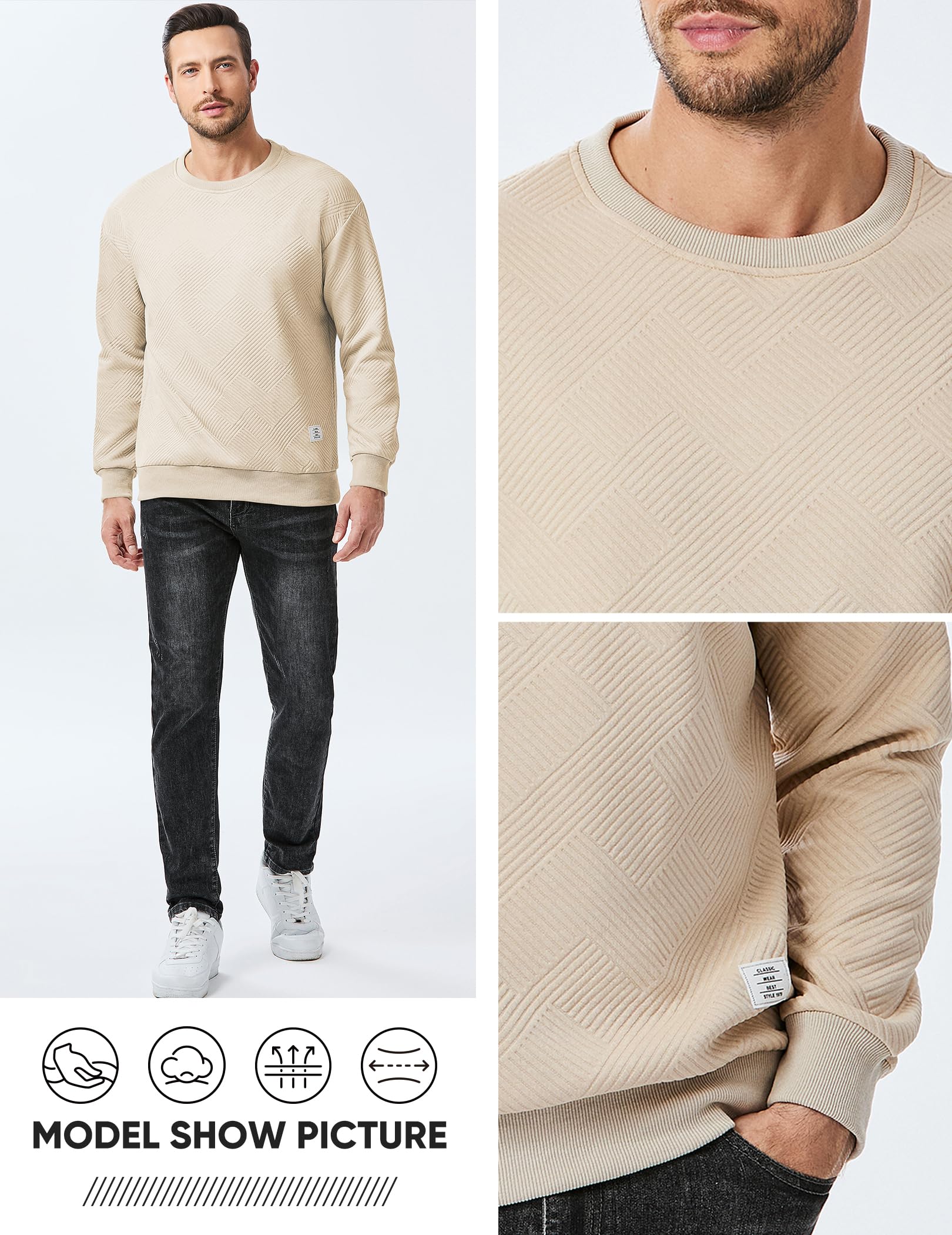 Dokotoo Men Męskie bluzy z okrągłym dekoltem jednolity kolor geometryczna tekstura długi rękaw casual pulower koszula