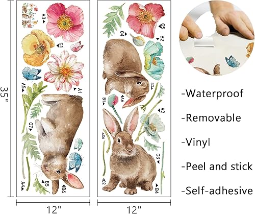 Miniatura 2 de Mfault Calcomanías de pared de conejo de Pascua calcomanías de flores de amapola para decoración de habitación de sala de estar dormitorio