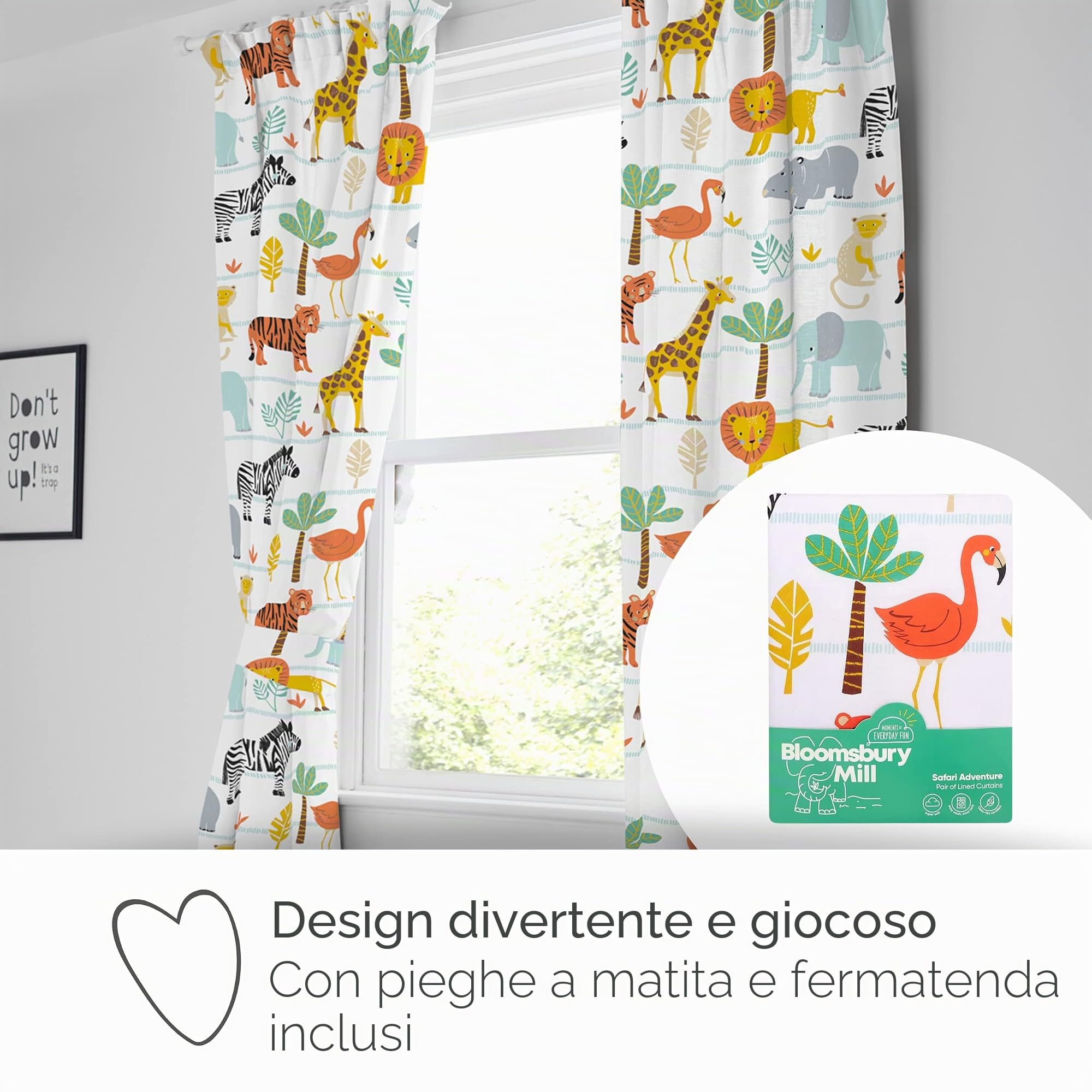 Bloomsbury Mill - Avventura Safari - Animali della Giungla - Coppia Di Tende Foderate Per Bambini Con Fermatenda - 168 cm x 183 cm