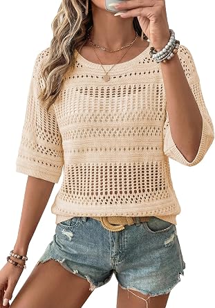 EVALESS Womens Summer Crochet Tops Half Sleeve Hollow Out Beach Vacation Clothes Resort Wear Cruise Outfits