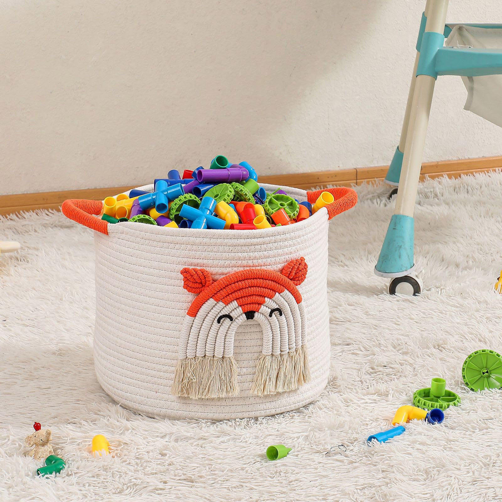 Toy Storage Basket Woven Cotton Rope Cute Cartoon Design, Multifunctional Storage with Handle, Ideal for Kids Pets, Nursery - Image 4