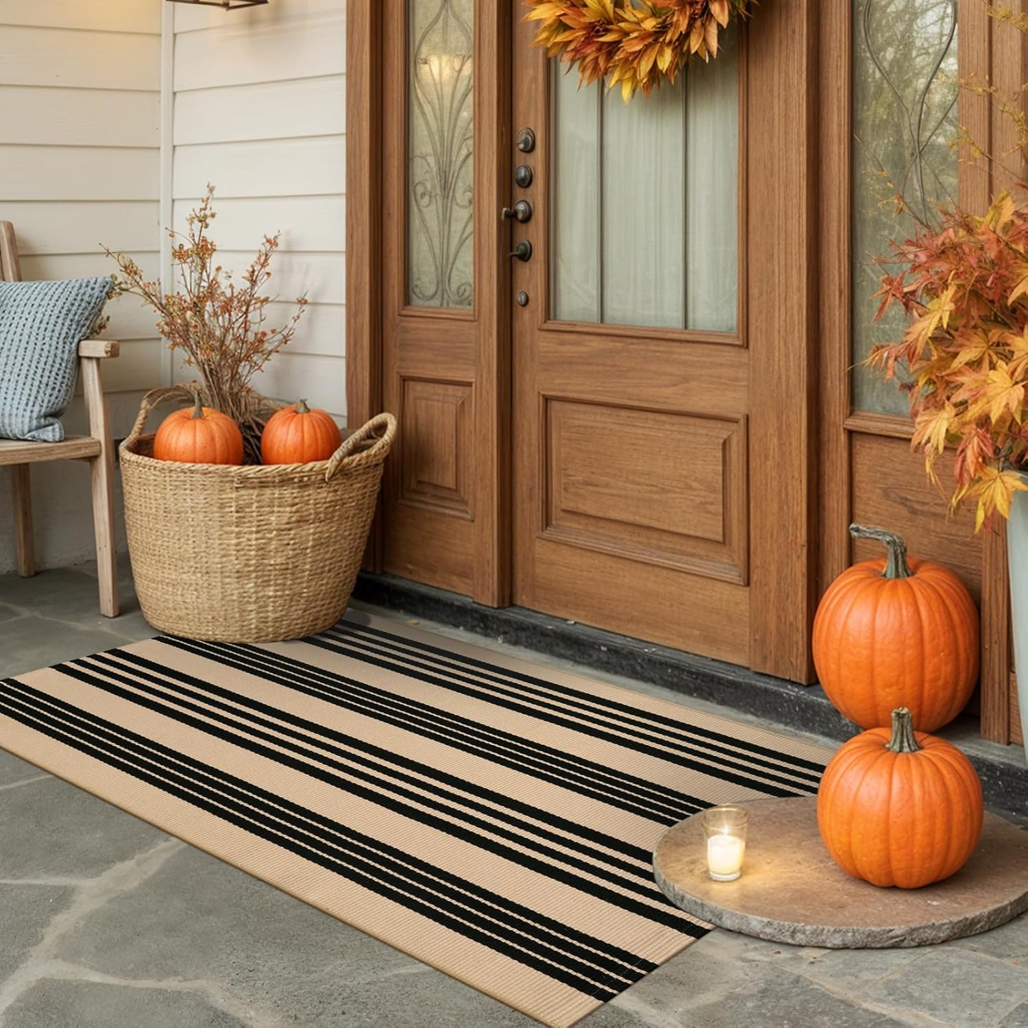 KIMODE Fall Front Door Mat 24x51, Black and Khaki Striped Layered Door Mat Outdoor, Washable Farmhouse Front Porch Rug Halloween Thanksgiving Decorations, Cotton Hand Woven Entryway Rug