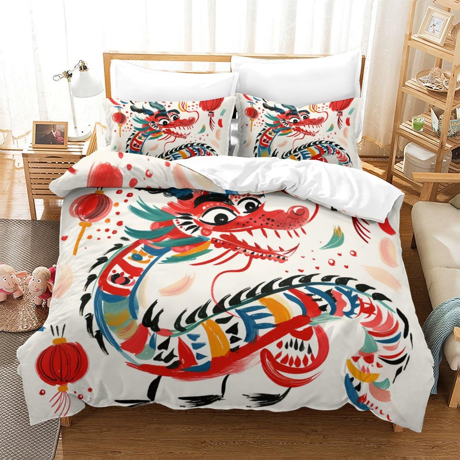 Parure de lit dragon 3D : housse de couette 220x240cm en microfibre avec taies pour chambre d'ado