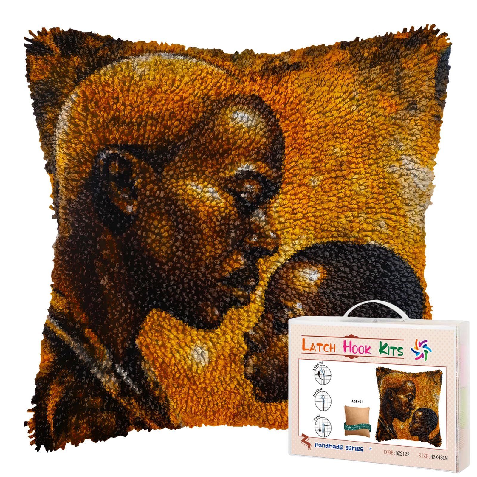 African Father and Son DIY Latch Hook Pillow Kits for Adults Printed Pillowcase Crochet Yarns Hooking Handmade Pillow Cover Cushion for Home Sofa Decoration 17x17inch(2)