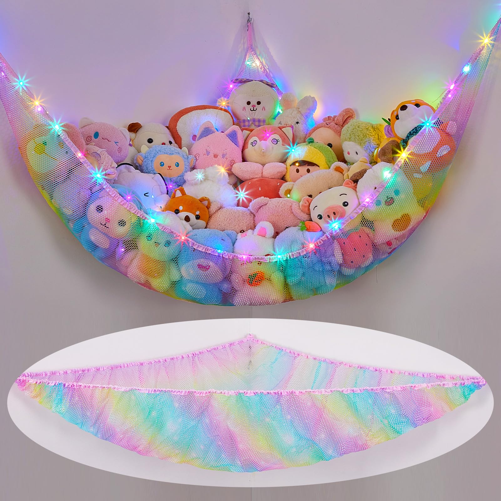MHJY Toy Hammock for Stuffed Animals Soft Toy Storage Net with LED Light, Cuddly Toys Organizer Holder Large Corner Hanging Net Plush Macrame Kids Bedroom Nursery Furniture Room Decor — image 1