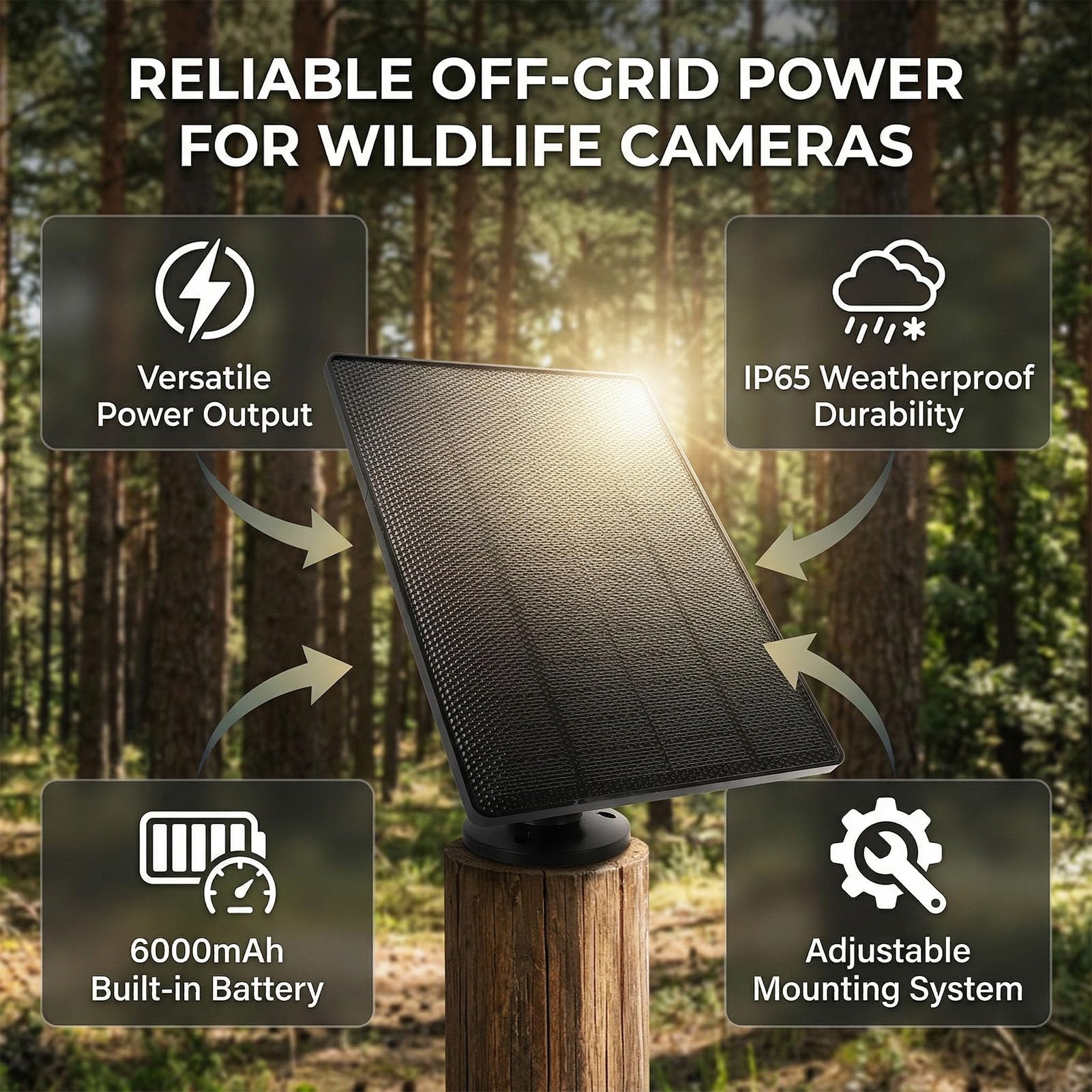 Fockety Wildkamera Solarpanel, 6 W, 360° Drehbar, 6000 MAh, Wiederaufladbarer Lithium Akku, IP65, Wasserdichtes Solar Ladegerät Set für Überwachungskameras, Mobilfunk