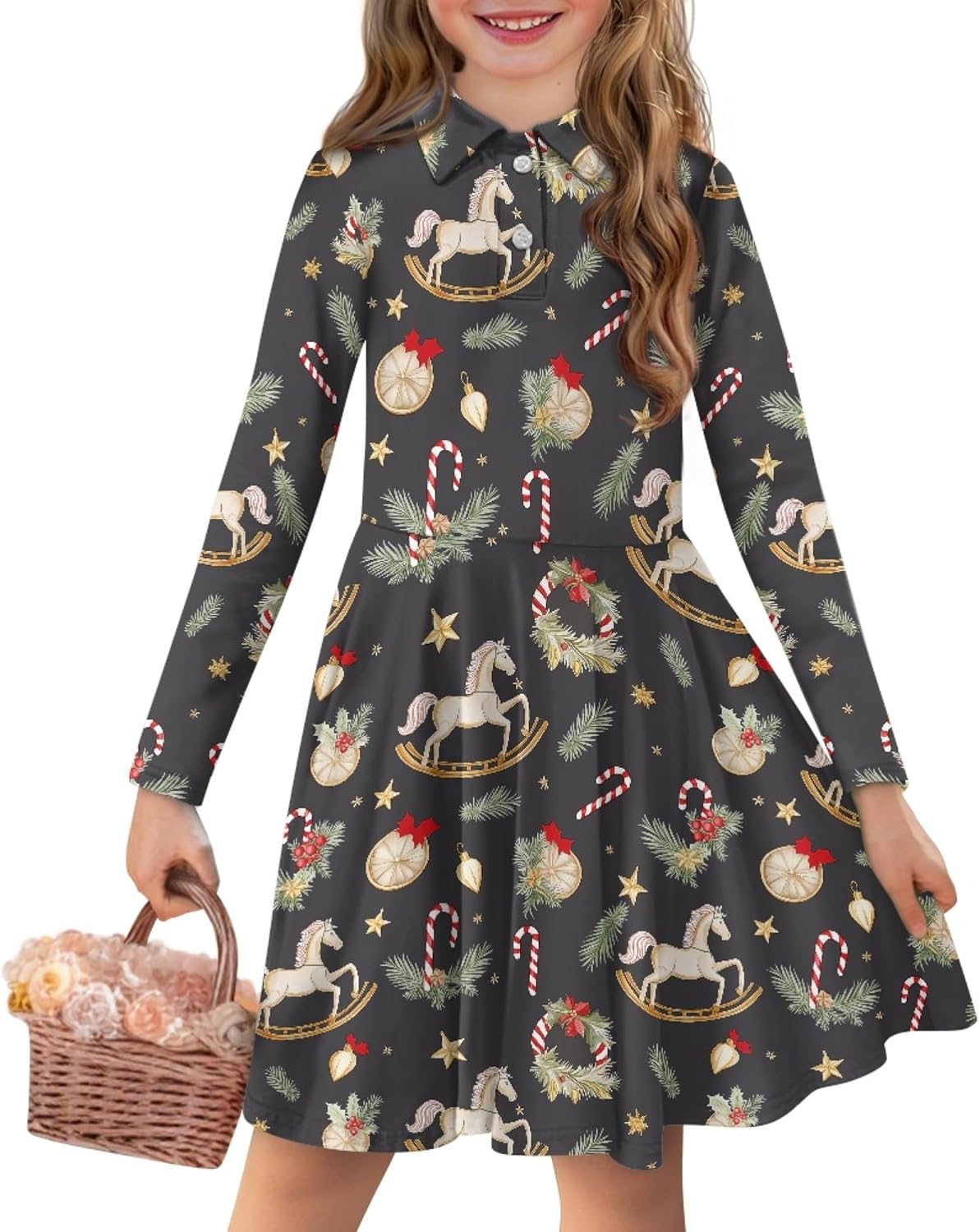 AmzPrint Long Sleeve Christmas Dress for Girls Peter Pan Collar Casual Button Down Fit and Flare Midi Polo Dress for Girls
