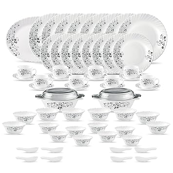 La Opala Diva Classique Collection Opal Glass Crockery | for Family of 8 | Dinner Set 61 pcs Mystrio Black | Plates & Bowls for Dining | Microwave Safe | 100% Vegetarian | Extra Strong | White