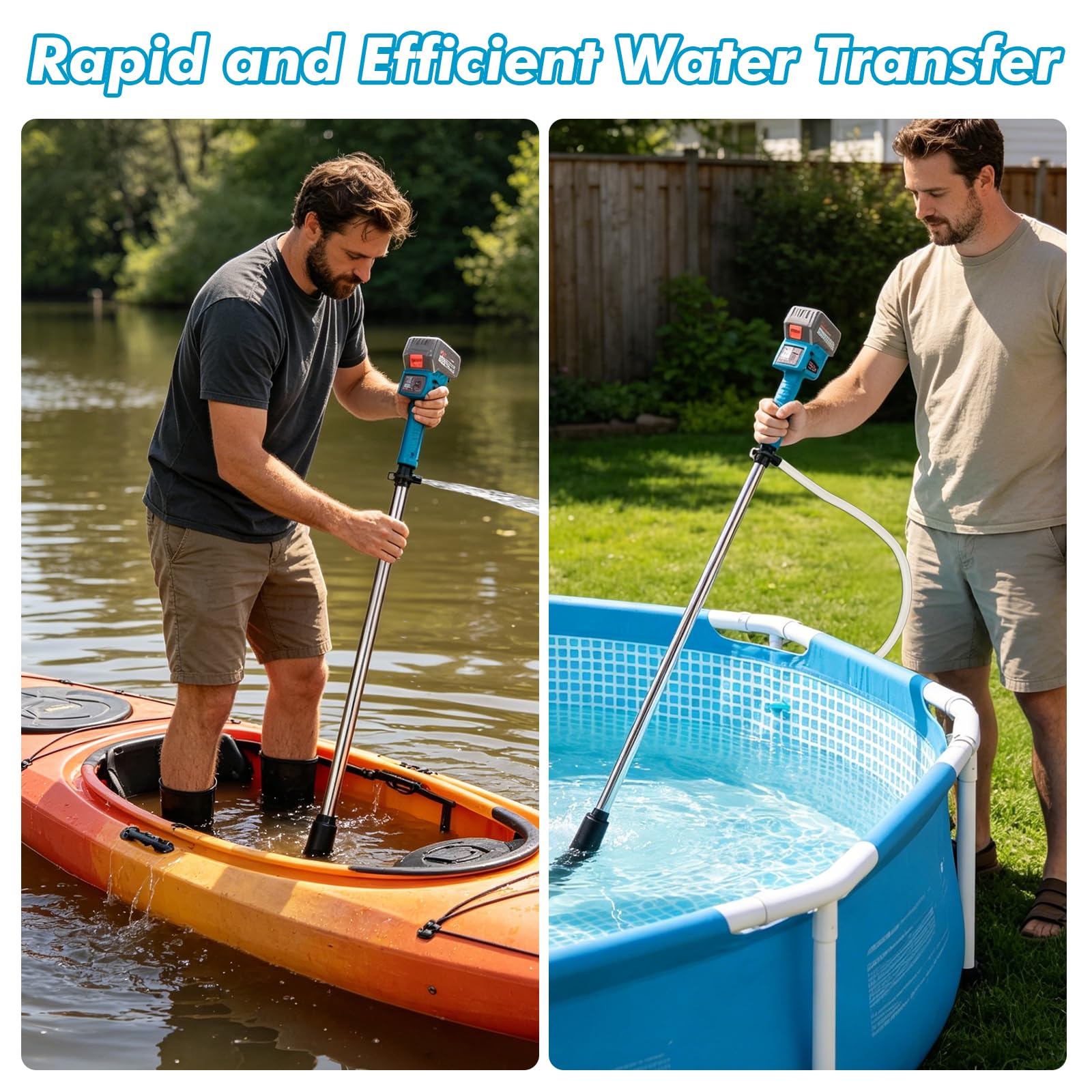 Akku Regenfasspumpe, Kabellose Regenfasspumpe Elektrisch mit 2×1500mAh Akku & 8 m Wasserrohr, max.Fördermenge 3000 L/h, 3-stufiger Durchfluss, Akku Stab-Wasserpumpe für Garten, Pool, Teich, Boot