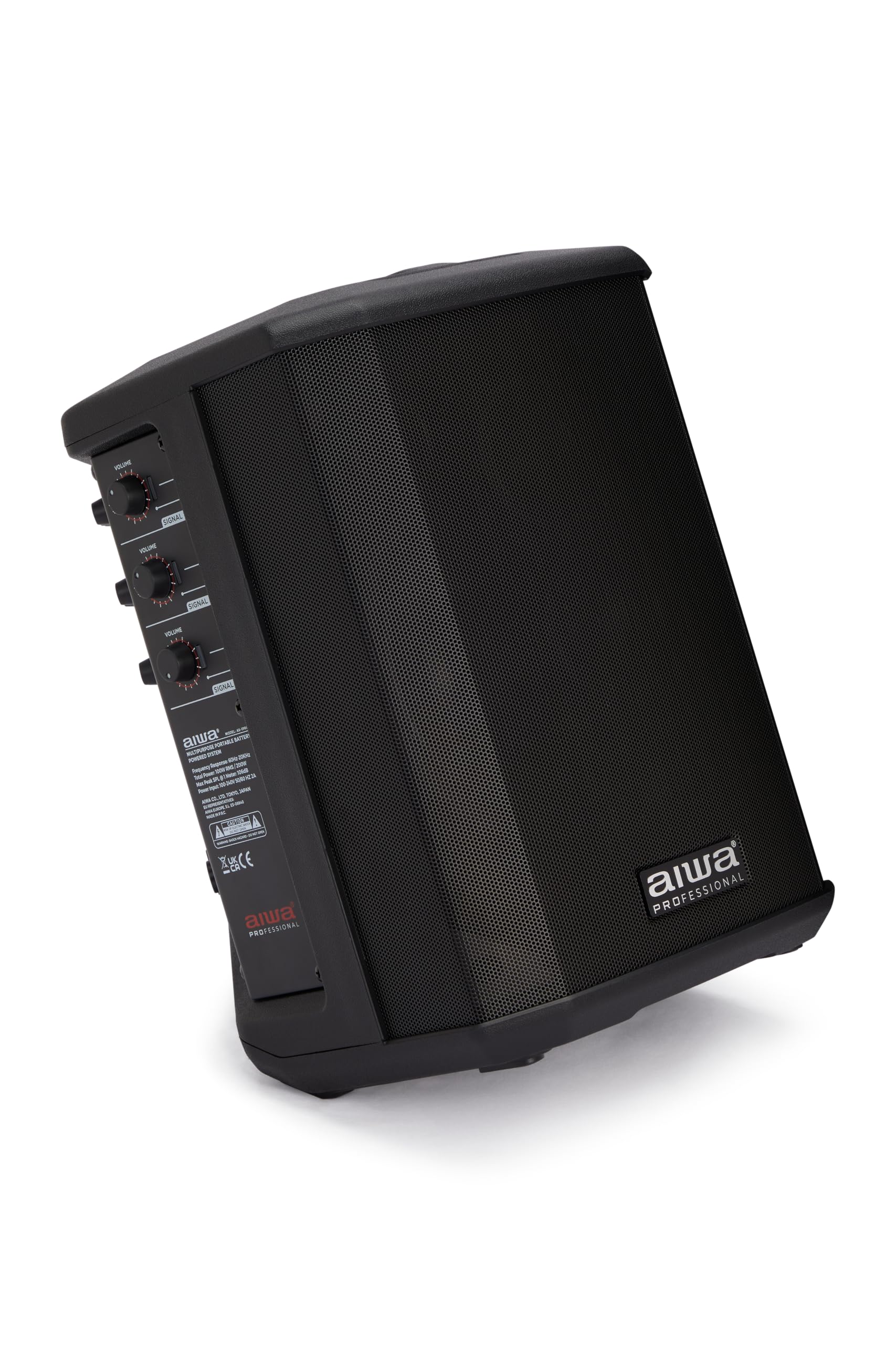 AIWA AX-1PRO Altavoz Activo portátil con batería, 100 W RMS con DSP, Bluetooth 5.0 TWS, 3 Canales de Mezcla, 106 dB, entradas XLR/Jack, USB, Vaso para Soporte de 35 mm