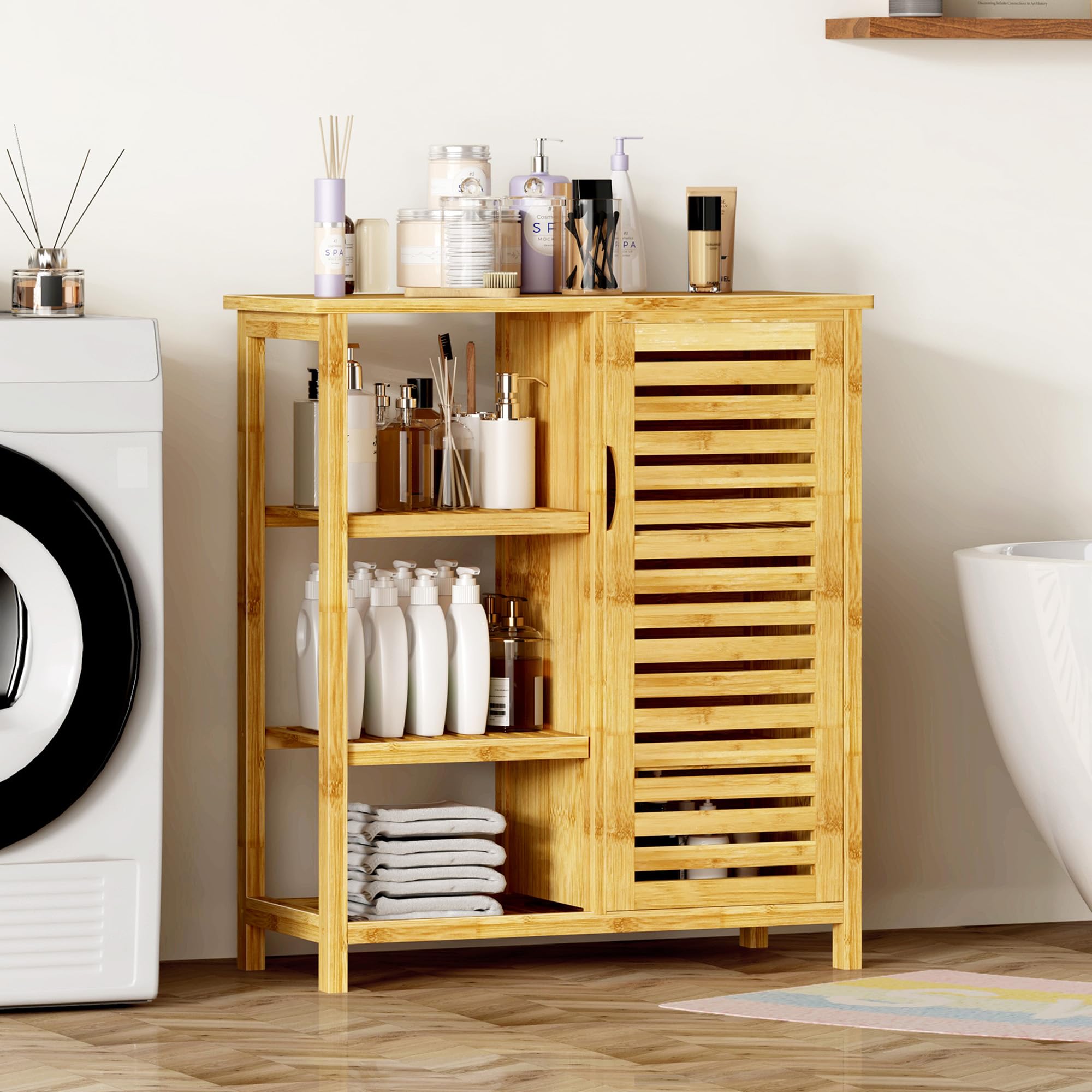 SogesPower Gabinete de Almacenamiento de Piso de baño con Puerta y estantes, Organizador de Almacenamiento Independiente con Puerta de Obturador, gabinete de bambú de 3 Niveles para Cocina, Sala
