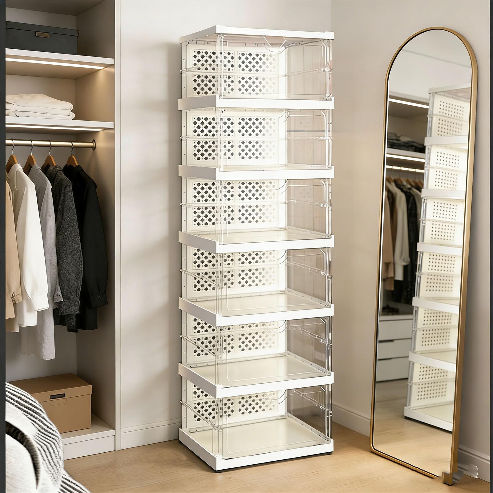 Caja de Zapatos Apilable con Diseño de Plegado Rápido, Caja Contenedor de 100 Libras de Capacidad, Organizador de Puerta Transparente, Se Adapta a Calzado de hasta Tamaño 12, (6 niveles)