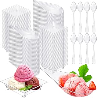 400 Pcs Mini Dessert Plates with Tasting Spoons Disposable Serving Trays 100 Pcs Small Square Appetizer Plates 100 Pcs Water Drop Clear Plastic Plates 200 Pcs Mini Spoons for Desserts Party Fruit