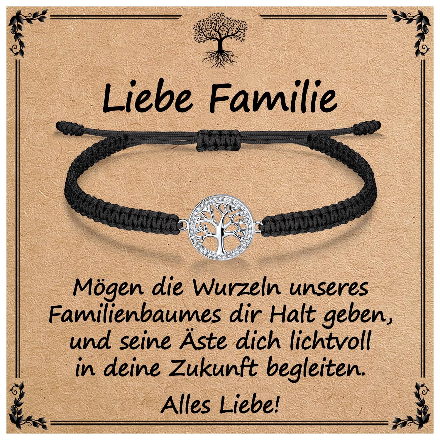 J.Endéar Lebensbaum Armband für Frauen Mädchen Geschenk mit Segenskarte | 925 Sterling Silber, Cubic Zirkonia & Geflochtene Kordel | Geschenk für Geburtstags, Weihnachtstag, Motivations