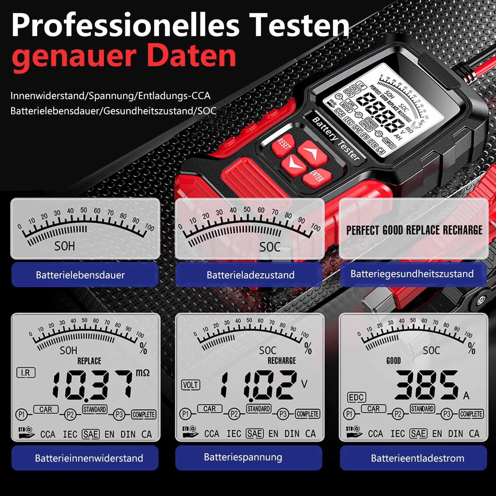 Autobatterie Tester 100-2000 CCA 12V und 24V Autobatterietester Batterietester Auto 3Ah-200Ah Digitaler Analysator, Kfz-Lichtmaschine für Auto Motorräder PKW-LKW ATV SUV Boot