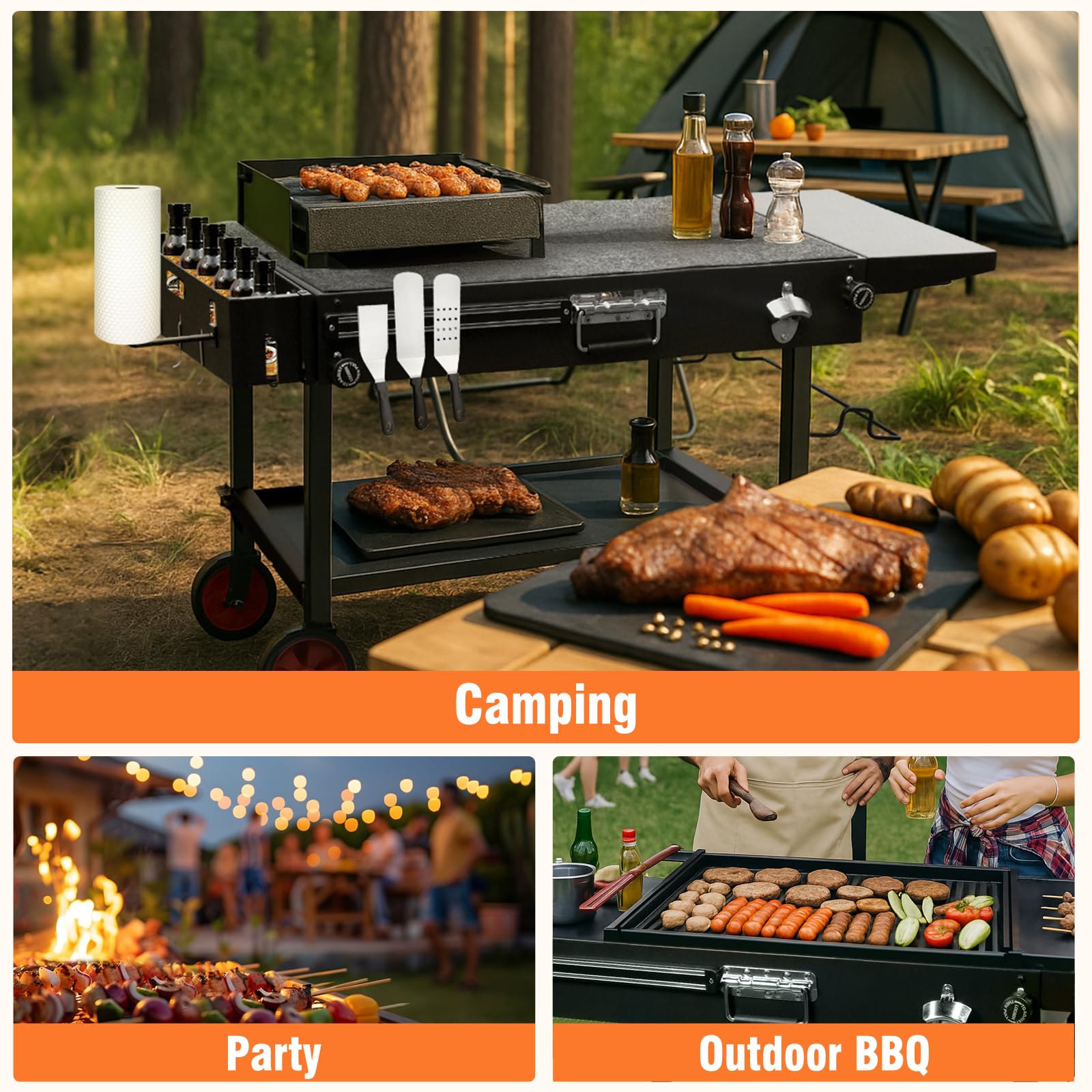 Mesa de Barbacoa con Ruedas – Carro de Barbacoa Exterior Plegable con Gran Superficie de Trabajo, Estantes de Almacenaje y Soporte para Utensilios