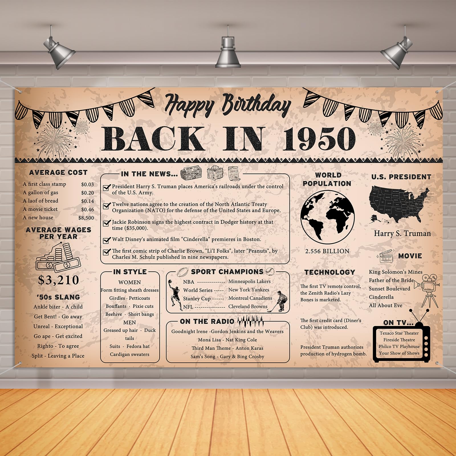 75th Birthday Decorations Vintage Back in 1950 Backdrop Banner, 6 x 4 ft Vintage 1950 Happy Birthday Photography Background Supplies