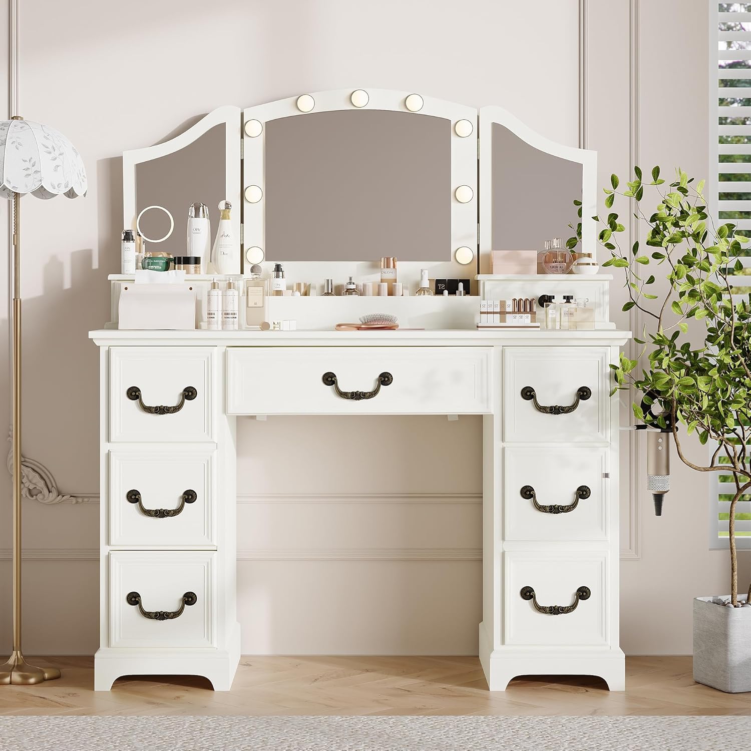 HOPUBUY Vanity Desk with Mirrors and Lights, Farmhouse Makeup Vanity with Drawers & Power Outlets,3 Dimmable Light Colors White Dressing Table with Magnifying Mirror, Cabinet for Bedroom,Dressing Room